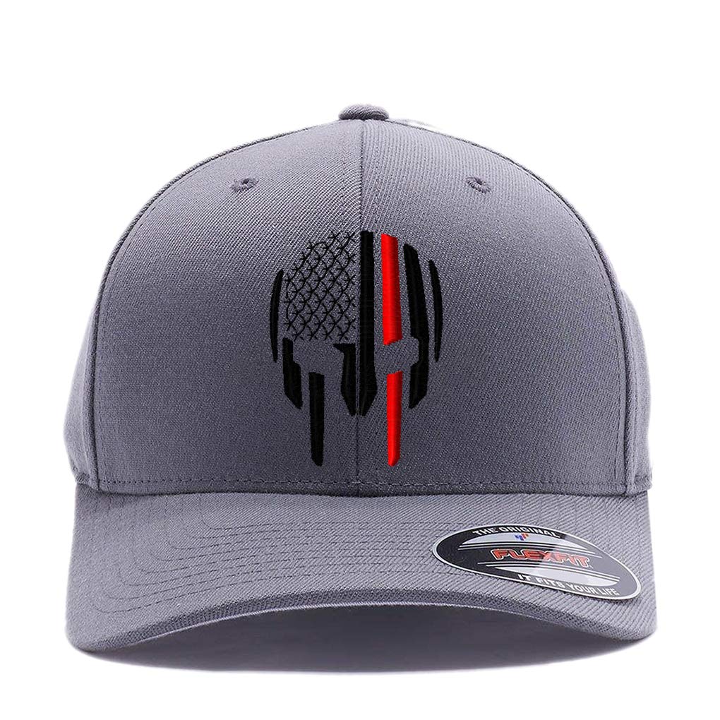 Custom Thin RED LINE - Thin Blue LINE Spartan Helmet Cap. Embroidered. 6477 Flex Baseball Hat (L/XL, Grey)