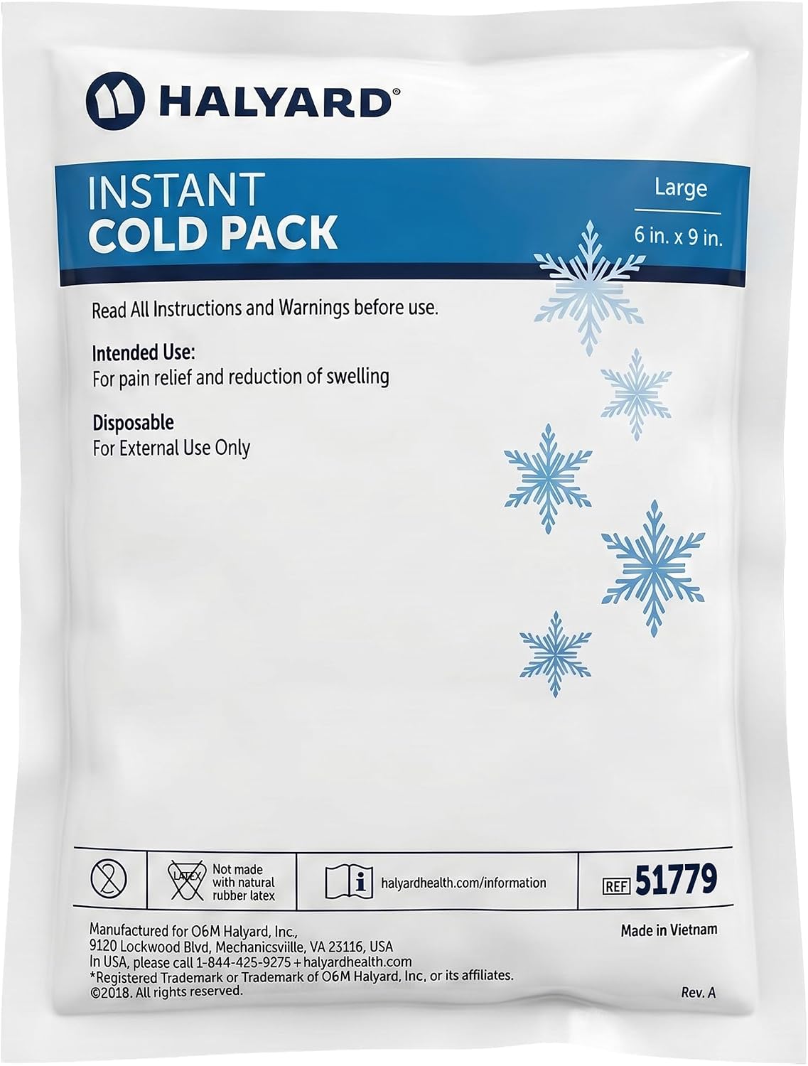 HALYARD Instant Cold Pack Disposable Cold Compress Ice Packs for Swelling Injuries Toothaches Sprains Strains 6 x 9 Inches, 24 Packs Per Case - 51779