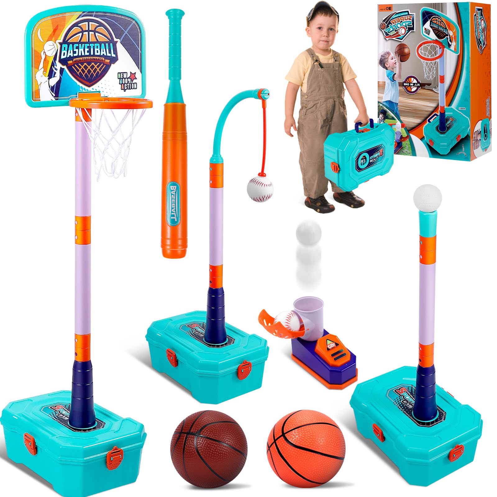 4 in 1 Toddler Basketball Hoop and T Ball Set - Adjustable Kids Basketball Goal Baseball Tee with Pitching Machine - Christmas Birthday Indoor Outdoor Sport Toy Games Gifts for Boys Girls Age 3-5