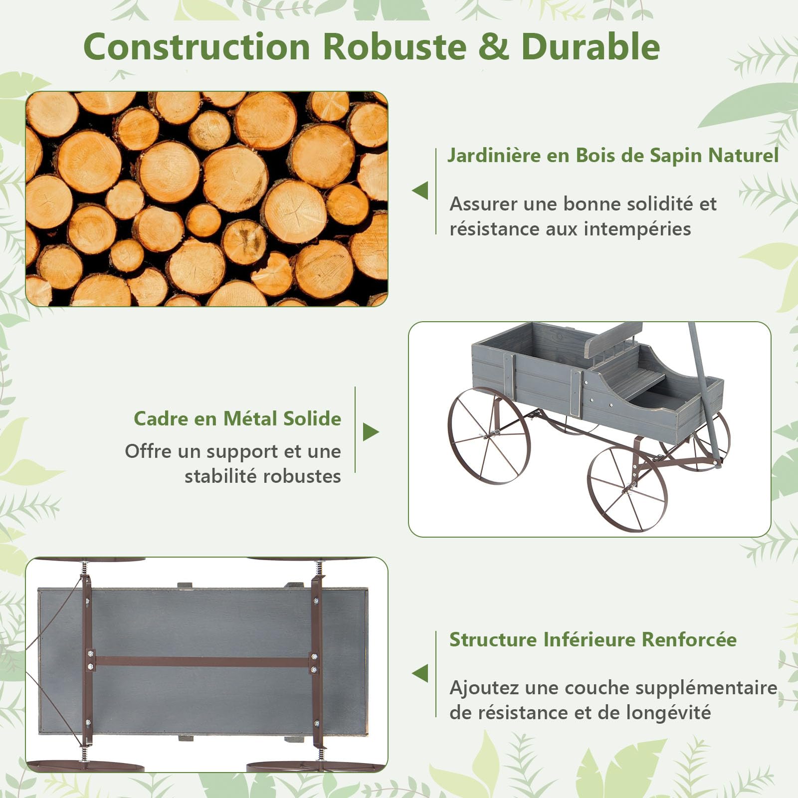 Brouette Décorative En Bois Avec 2 Roues - Jardinière Rustique 80x41x39 Cm | Pour Balcon, Terrasse, Jardin