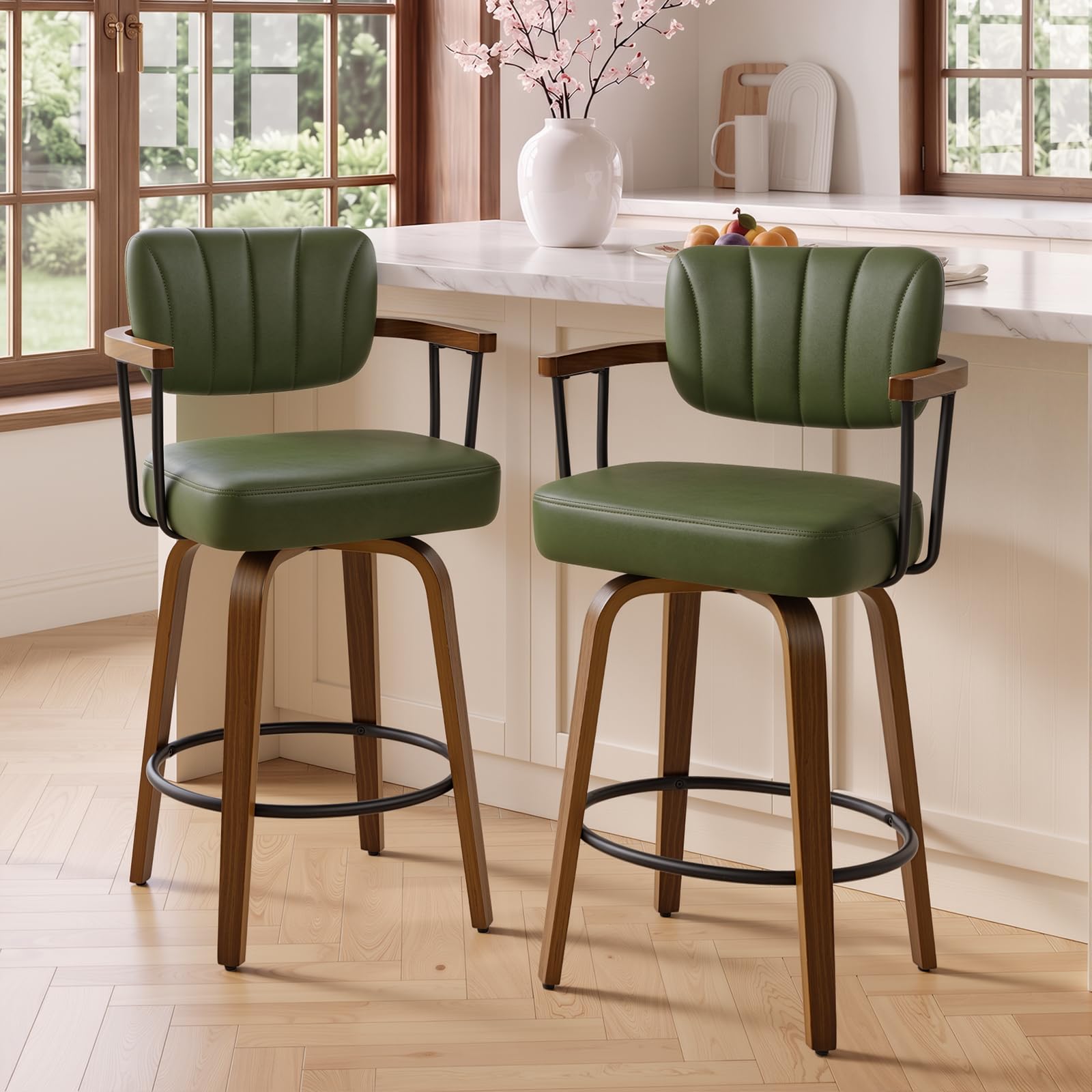 Swivel Counter Height Bar Stools Set of 2, 65cm Seat Height,Green