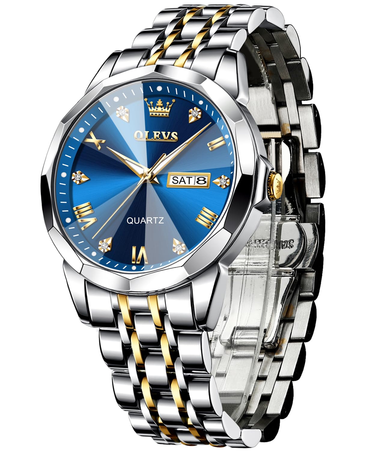 OLEVS Montres pour Hommes Diamond Business Wear analogique Quartz Acier Inoxydable étanche Lumineux Date Bicolore Luxe Casual Watch