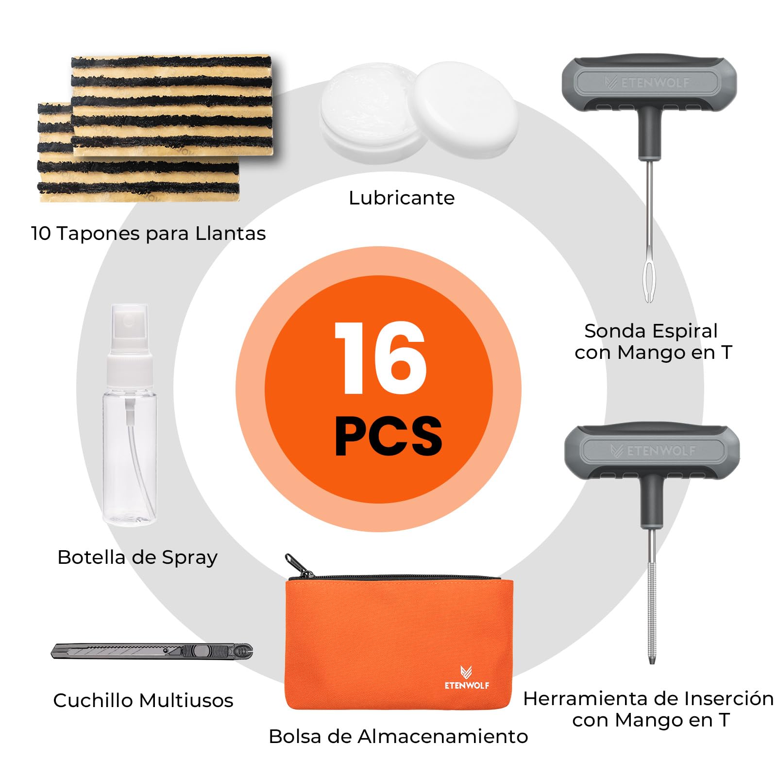 ETENWOLF R0 16PCS Kit Repara Pinchazos Coche - Repara Pinchazos Coche | para Coche, Moto, ATV, Camión y Tractor con bolsa de almacenamiento