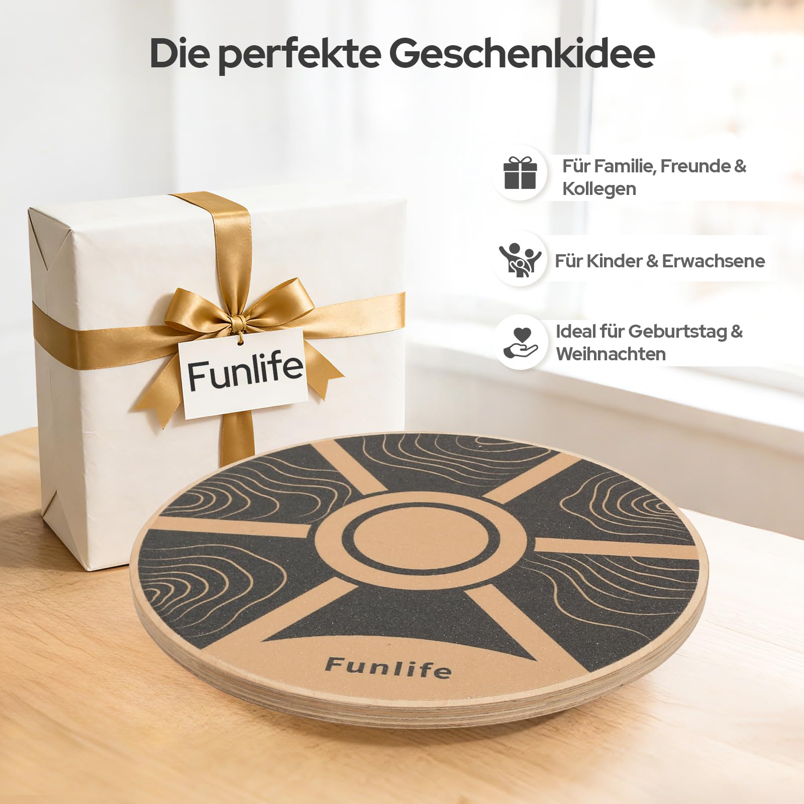 FunLife Balance Board aus Holz – Stabiler Gleichgewichtstrainer für Core Training, Fitness & Balance, Rutschfest & Langlebig