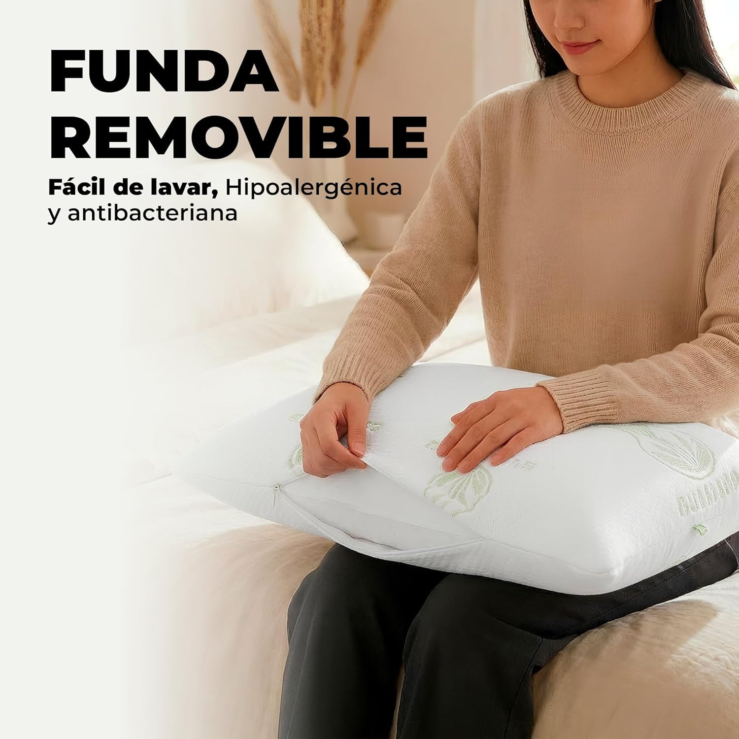 Pack de 2 Almohadas Viscoelasticas Copos Aloe Vera Transpirable Hipoalergenica Firmeza Media Adaptable Cuello Cervical Anti Calor Lavable Desenfundable Confort Dormir Lado Espalda 90 Cm