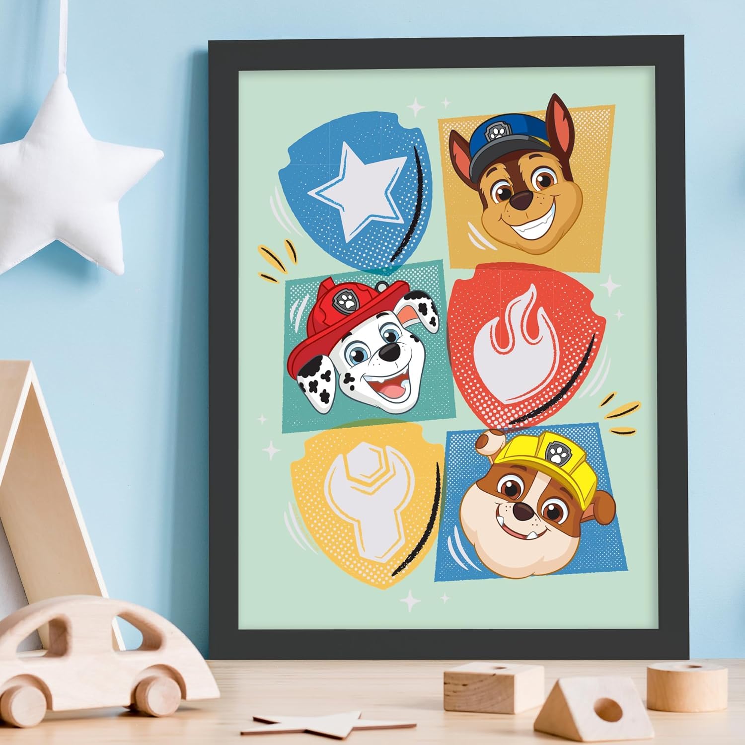 Themed Paw Patrol Print - Chase Marshall and Rubble Heads and Icons Poster Wall Art (42cm x 59.4cm - A2)