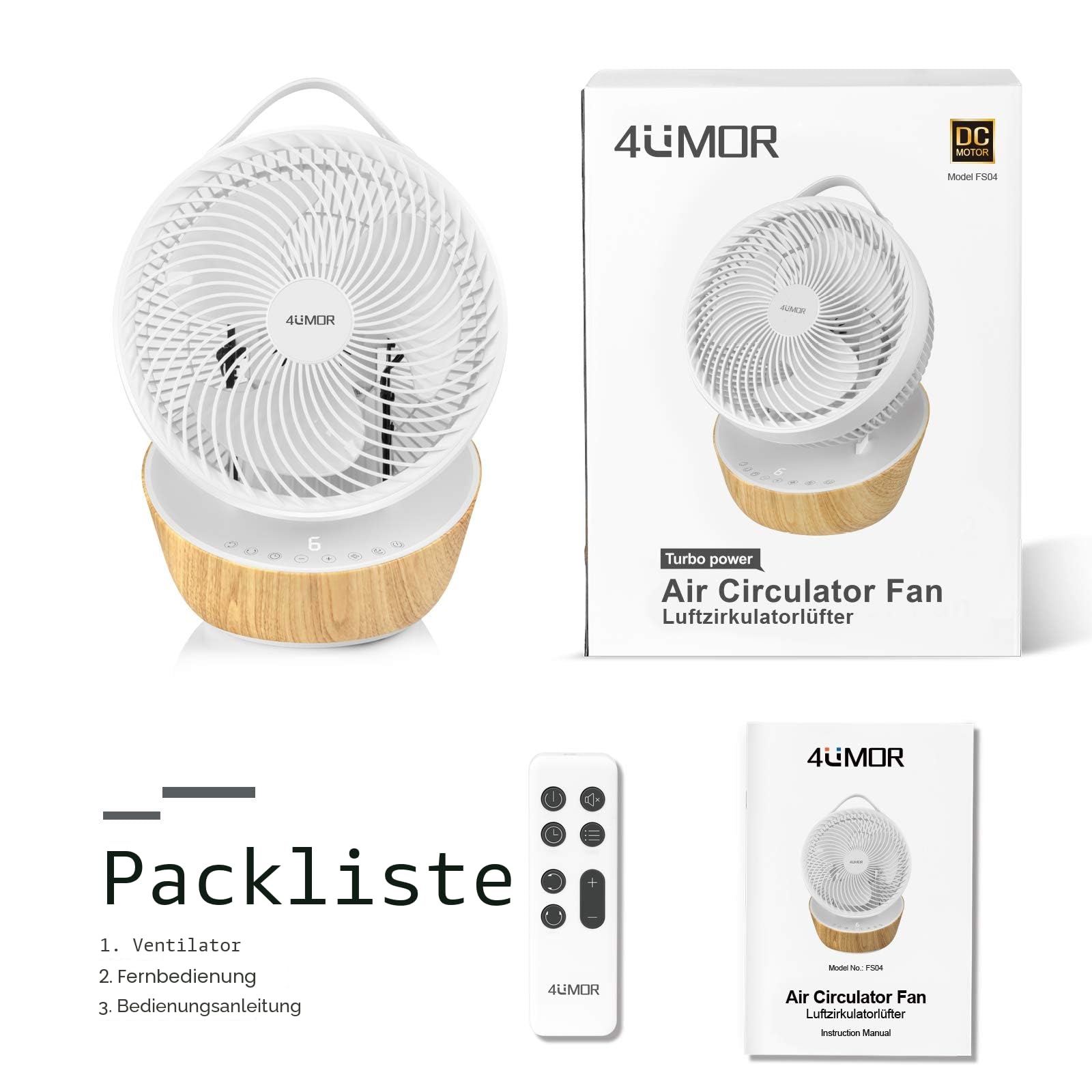 4UMOR Ventilator leise 20dB 7,6m/s Turbo 21W DC Motor 12 Geschwindigkeiten Tischventilator sehr Leise 3D Luftzirkulation für 30m² 8H Timer Ventilator Schlafzimmer Büro Weiß