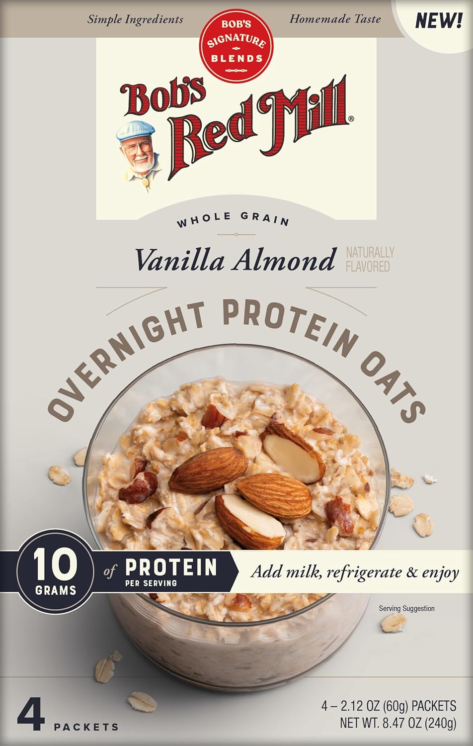Bob’s Red Mill Overnight Protein Oats, Vanilla Almond, 4 Packets Total, Non-GMO, Gluten Free, Whole Grain