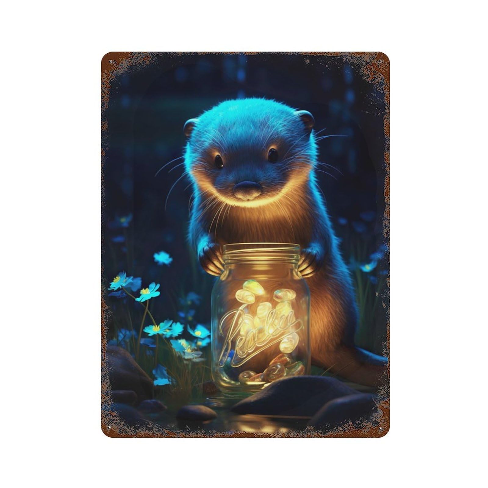 Cute Otter Luminous Glow 15.7"x11.8" Rusty Metal Tin Sign, Shabby Chic Decor for Bistro, Counter And Cafe Decor