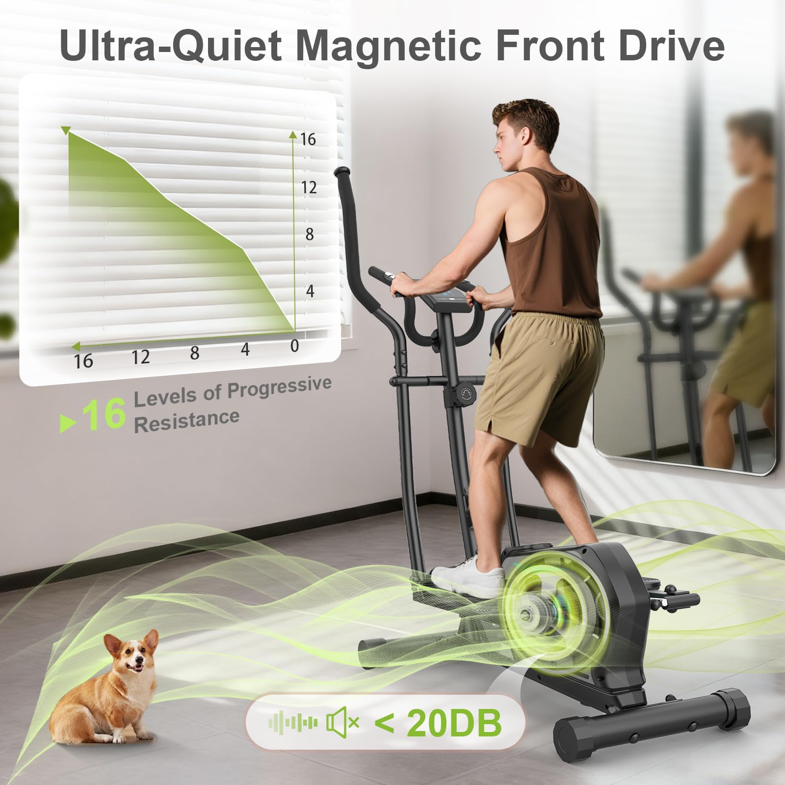 Vélo Elliptique Ultra-Silencieux pour La Maison, avec 16 Niveaux de Résistance, Volant d'inertie Magnétique de 6 kg, Bluetooth, écran LCD et capteur de fréquence Cardiaque.