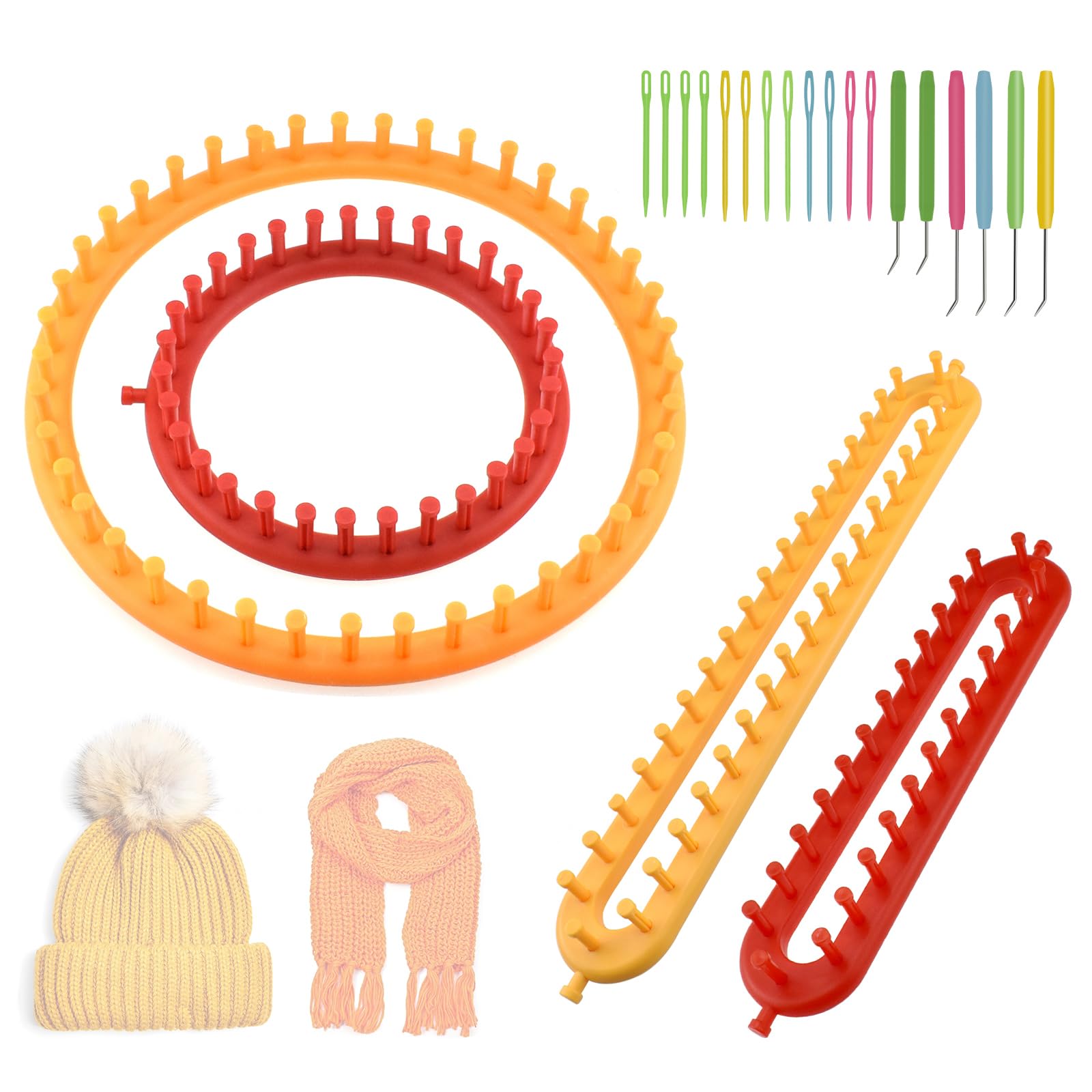 SATUY 4 kits de manualidades de telar para tejer, 2 telares rectangulares y 2 telares redondos con 6 ganchos de ganchillo y 12 agujas para bufanda, suéter, chal