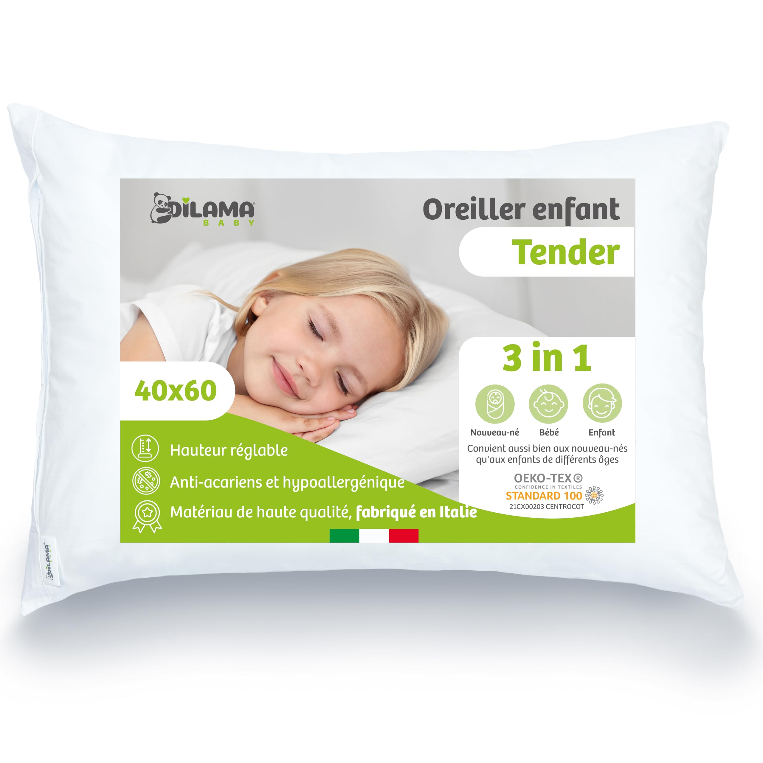 Dilamababy - Coussin Enfant Évolutif - Hauteur Réglable - Oreiller Enfant 40x60 Moelleux Adapté dès 1 an, 2, 3 Ans jusqu'à 6 - Hypoallergénique, Anti Acarien, Oeko-TEX - Made in Italy