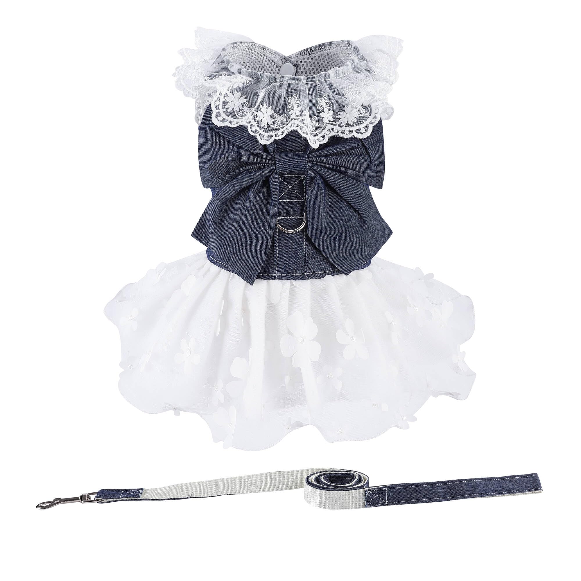 Dog Denim Dress with Leash Ring, Puppy Bowknot Lace Mesh Princess Skirt for Small Pet Fashion Clothes(Navy,Medium)