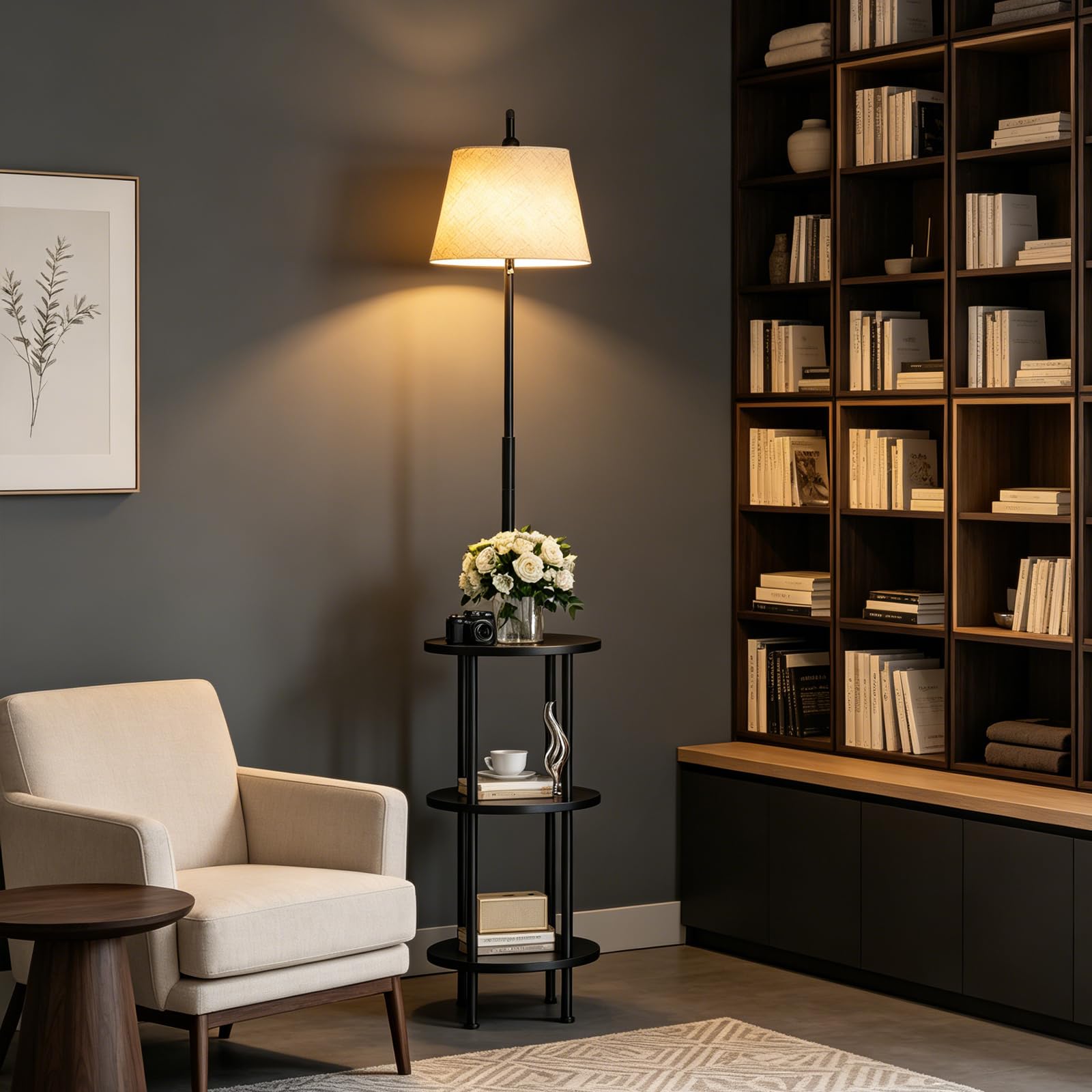 Stehlampe Wohnzimmer mit Ablage, LED Stehlampe, 3 Holzregale | 155 cm Stehlampe mit 3 Holzablagen, 3 Farbtemperaturen, 350° drehbar, E27, für Wohnzimmer, Schlafzimmer & Arbeitszimmer