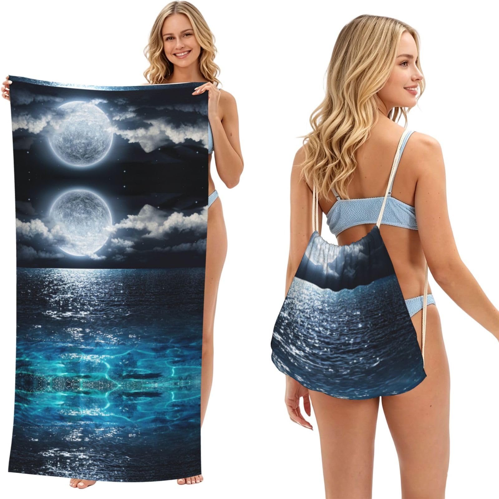 ESNAIUVCD Moon And Sea Print Beach Towel For Adults,Towel With Drawstring Bag, Travel Pool Swimming Sports Shower Sand Free Quick Dry Bath Towel For Pool, Beach, Yoga- 180x60cm