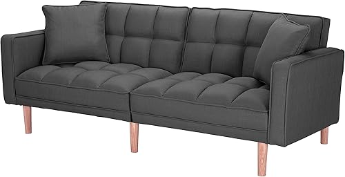 Miniatura 9 de Sofá cama futón convertible, moderno sofá cama plegable tapizado de lino con dos almohadas, sofá cama de 75 pulgadas para sala de estar, dormitorio,