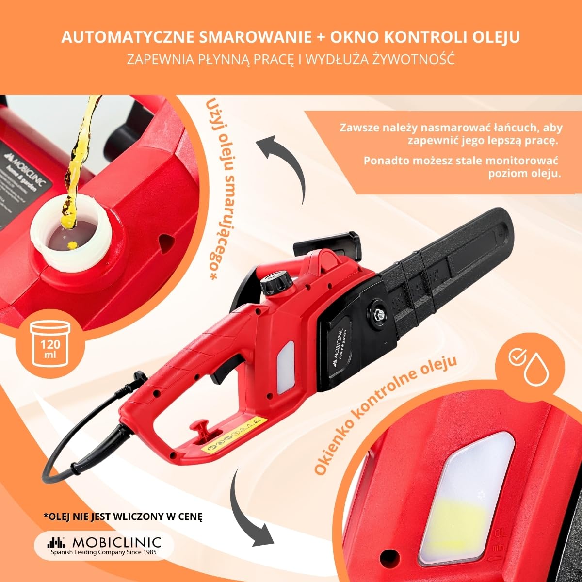 Mobiclinic®, Elektryczna pił łńcuchowa z kablem, 1800 w, Długość cięcia 40 cm, Automatyczne smarowanie, Zawiera etui, Uchwytem, Prędkość 13 m/s, Do 120 ml, Okno kontrolne oleju