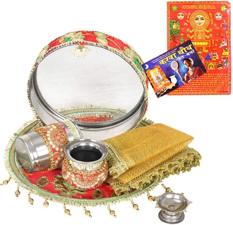 Creativity Centre Karwa Chauth Red & Golden Gota Patti Designer 8 Pcs Puja Thali Set/Karwachauth Puja Combo 8 pcs/Thali Daimeter 27 cm/Thali Kalash Glass Chalni Deepak Chunri Book Calender