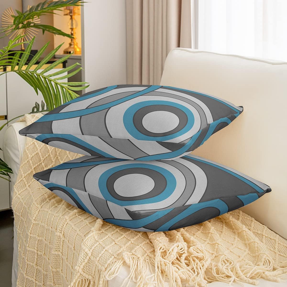 Erosebridal Circle Pillow Cover Stripes Line Art Cushion Cover,Gradient Blue Grey Modern Retro Grommet Throw Pillow Cover Boho Ombre Art Abstract Spiral Swirl Farmhouse Cushion Case 24x24