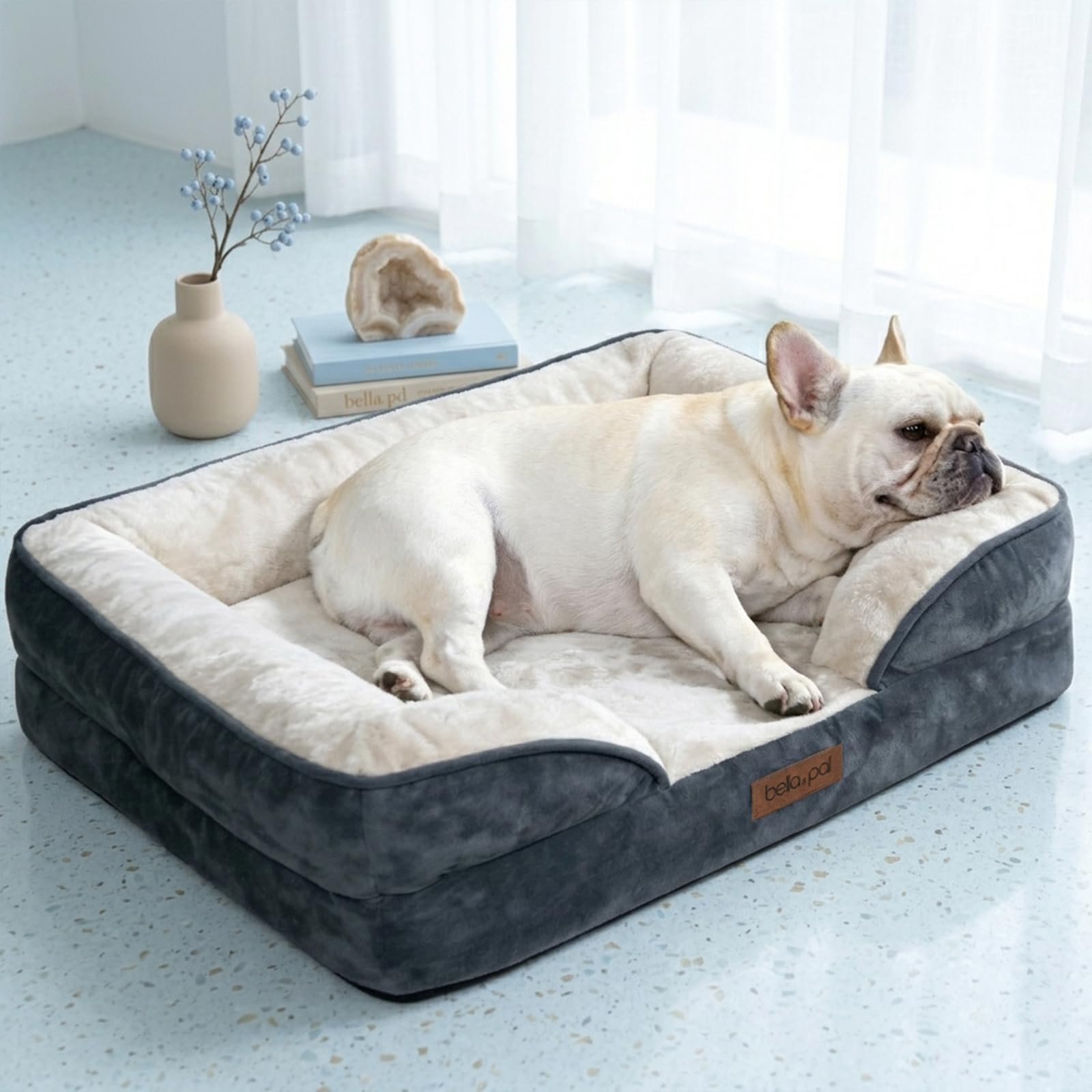 BELLA & PAL Orthopedic Dog Bed for Small Medium Dogs-No Assembly Needed, Dog Sofa with Egg Crate Foam, Waterproof Liner, Washable Flannel Cover, Non-Slip Bottom, 71x59x16.5 cm, Grey