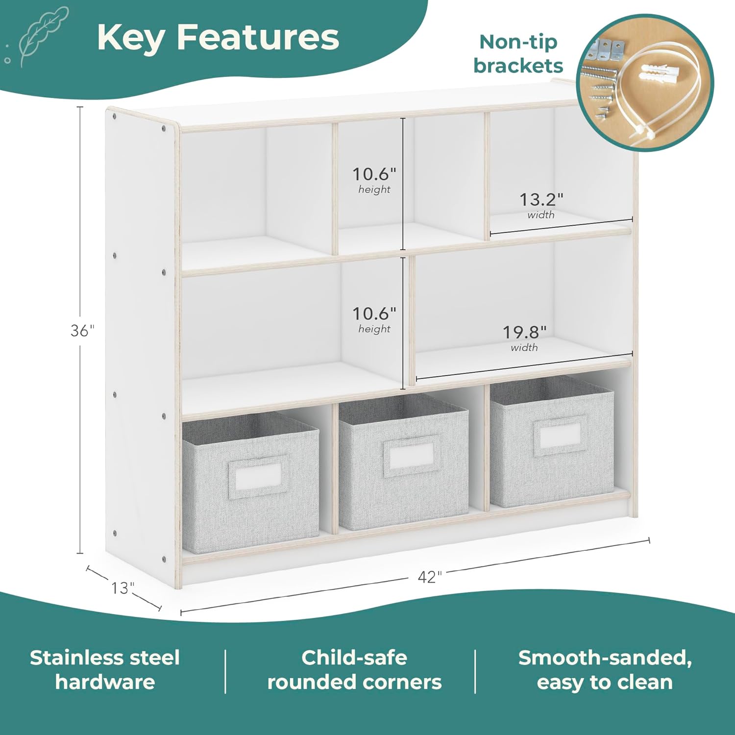 Guidecraft EdQ Three Shelf Compartment Storage White with 3 Fabric Bins: Wooden Bookshelf and Toy Organizer for Kids, Storage Unit for Homeschool and Classroom