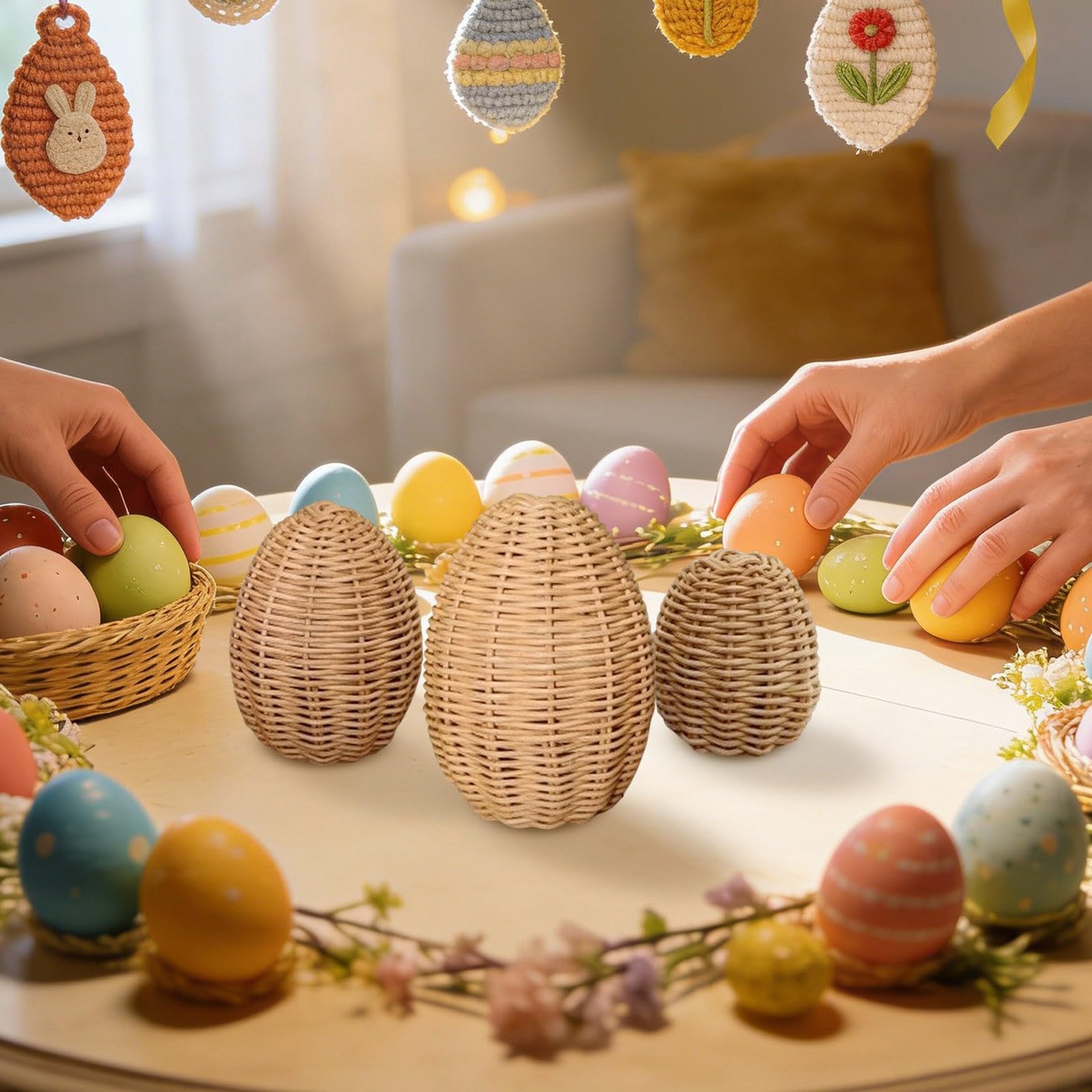 3 piezas de adorno de huevo de Pascua, huevos tejidos, escultura decorativa para mesa de vacaciones de Pascua 062021