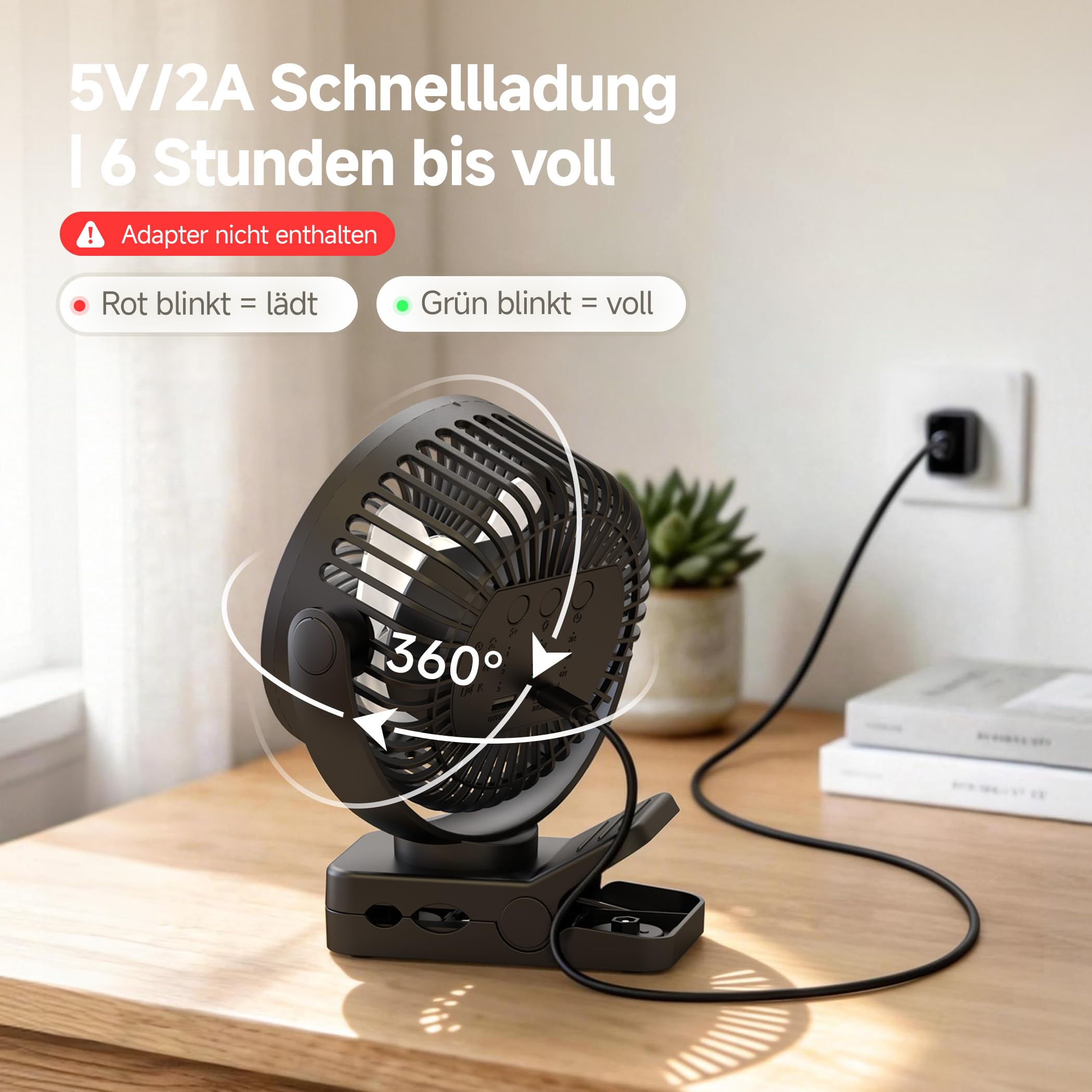 EasyAcc Portable Clip Fan with Magnetic Base & LED Light, 13000mAh Rechargeable Camping Fan, 360° Rotating Tent & Desk Fan, 3 Speeds, Timer, USB Type-C