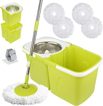 Mop and Buckets Sets with 4 Extra Microfibre Heads  360  Rotating Spin Mop & Bucket Set Separate Dirty Water  Adjustable Stainless Steel Handle for Home, Office, Tiles, Wood, Laminate Floors Cleaning