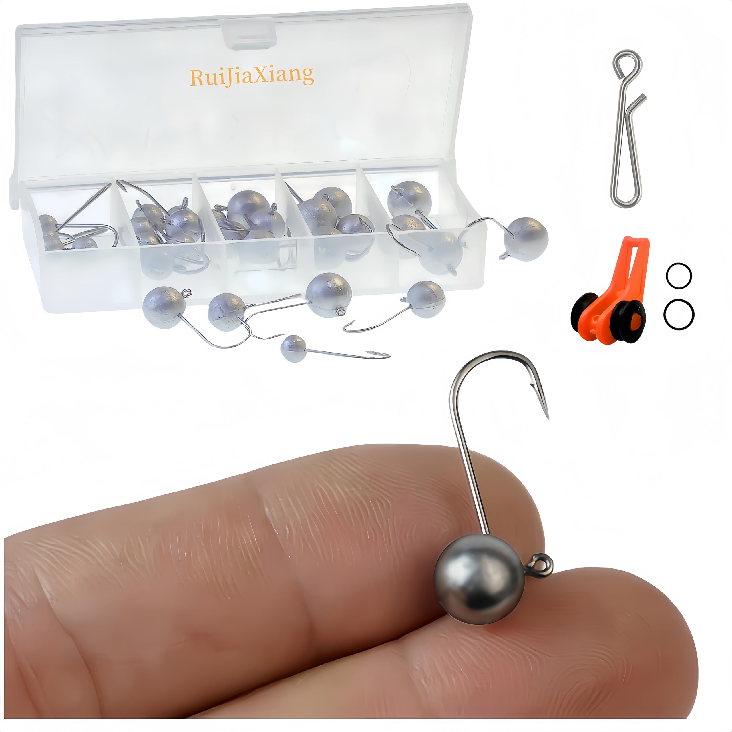 Ruijiaxiang 30 Piece Micro Jig Heads Soft lure Hooks Set (1g 2g 3g 4g 5g) with 5 Fishing Accessories & Tackle Box – for Freshwater and Saltwater Angling