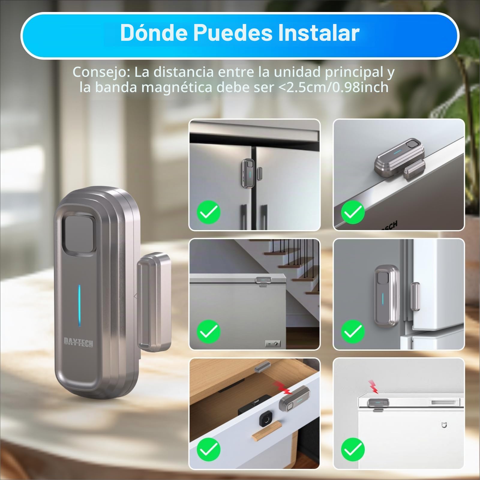 Alarma de puerta de frigorífico DAYTECH con retraso de 1/2/3/4 minutos cuando se abre la ventana, alarma de cierre de puertas, recordatorio, sensor de puerta de congelador o timbre de 0 a 120 dB para