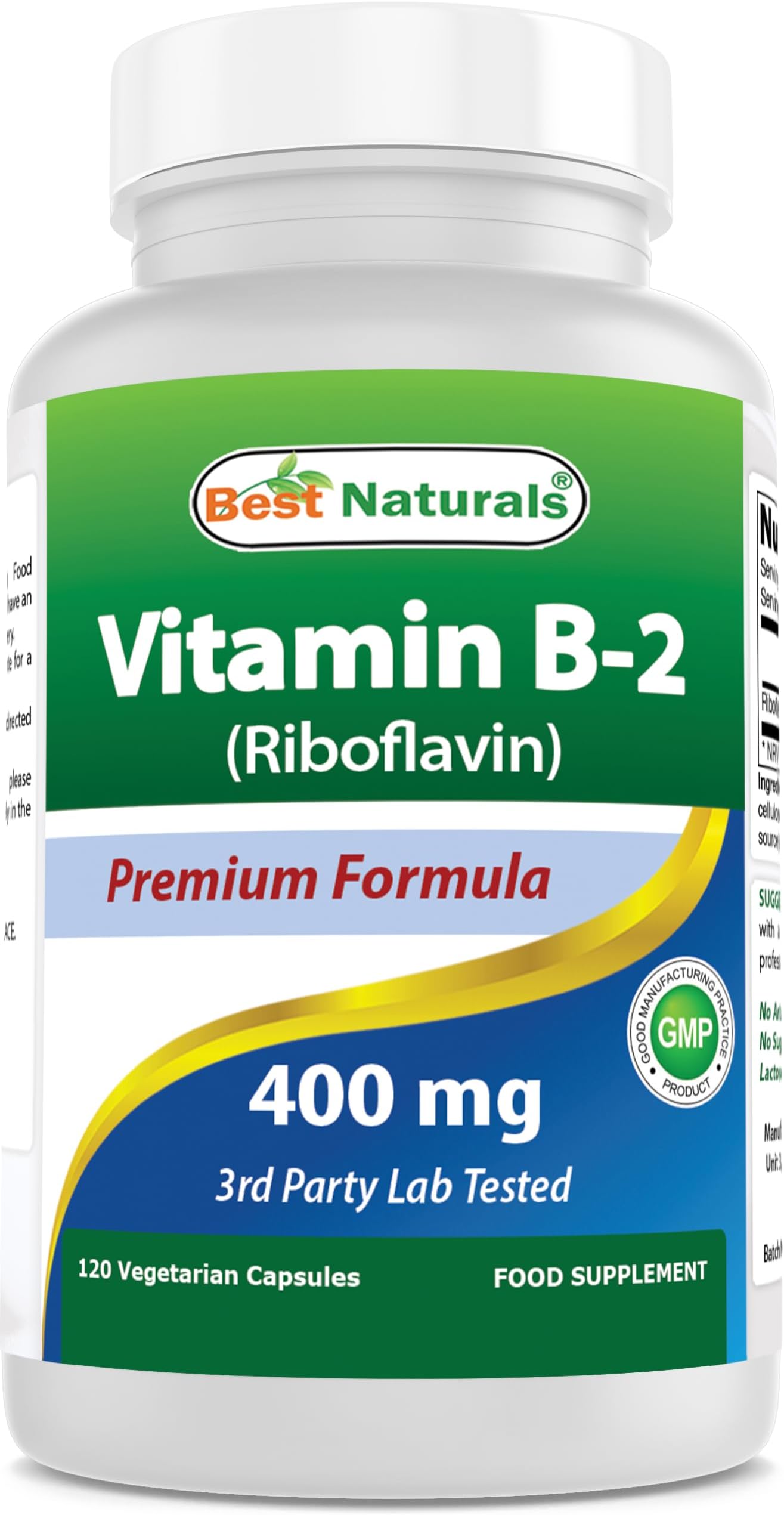 Best Naturals Vitamin B2 (Riboflavin) 400mg - Veggie Capsules - Conezyme Precursor - 120 Count