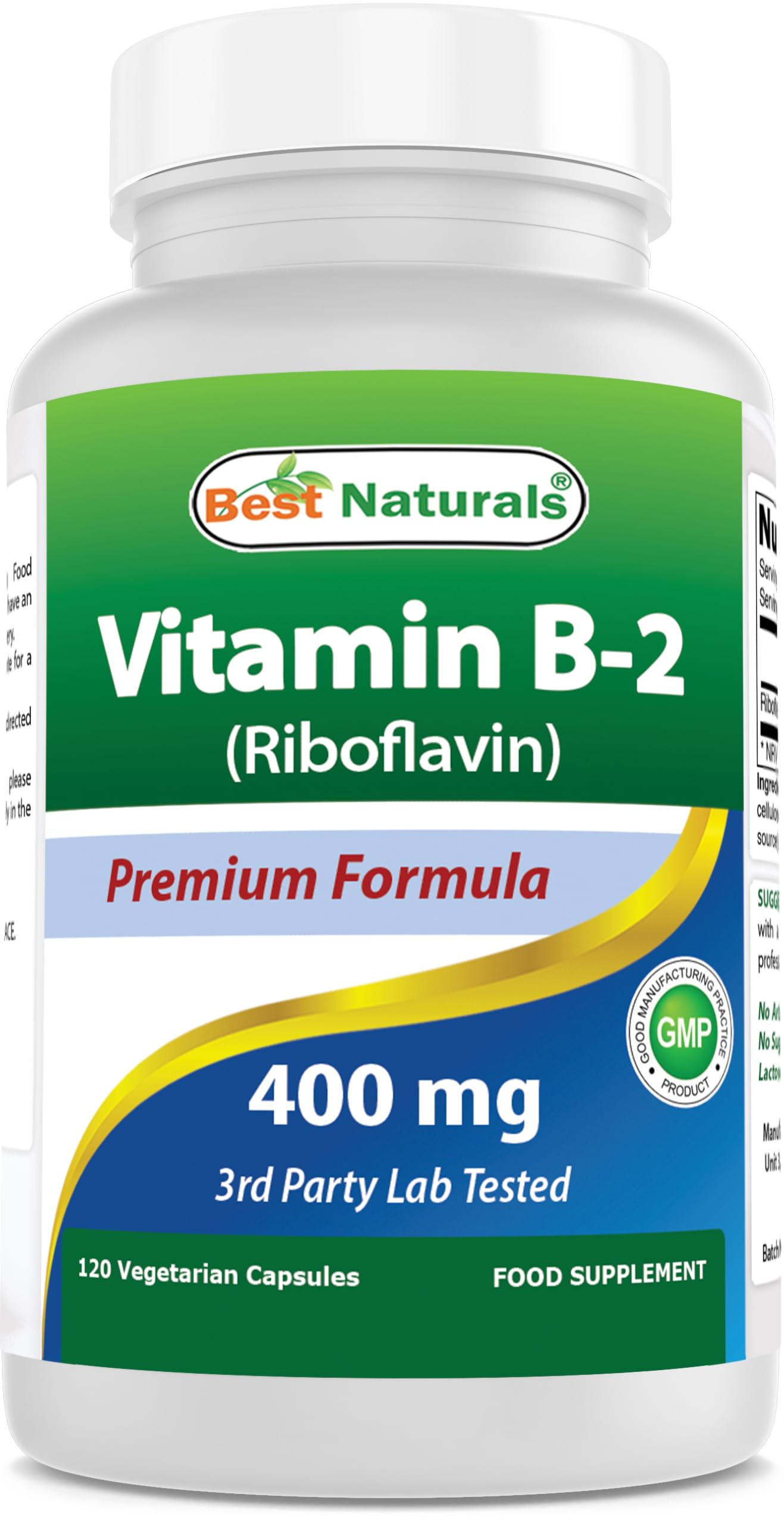 Best Naturals Vitamin B2 (Riboflavin) 400mg - Veggie Capsules - Conezyme Precursor - 120 Count