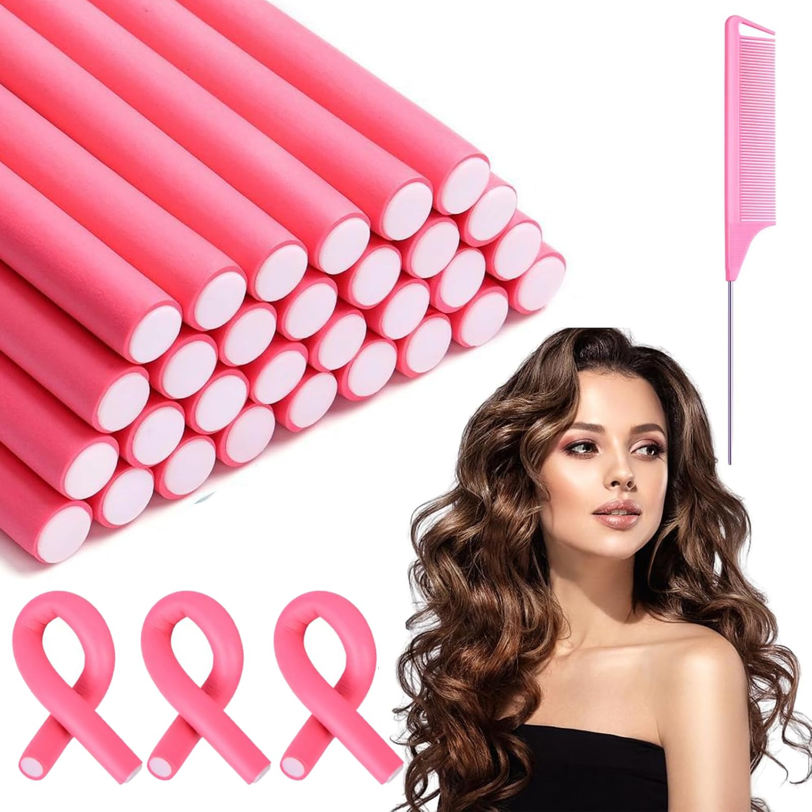 Locken bez ciepła Lunyloer, 30 sztuk elastyczne papiloty 240mm o średnicy ø14mm, skręcane papiloty z pianki, papiloty na noc dla długich włosów (różowe)
