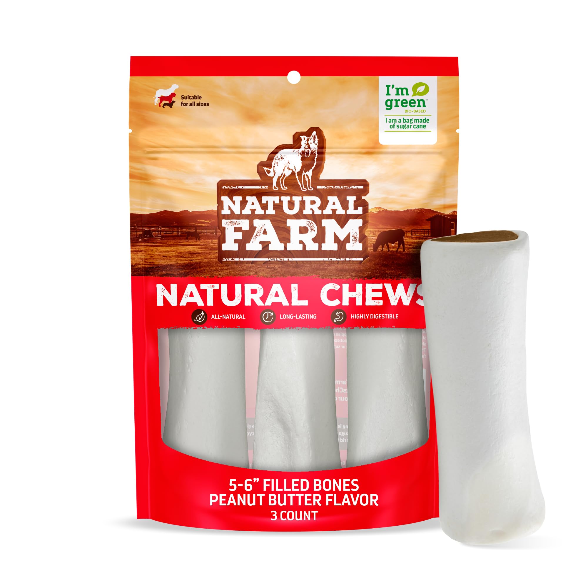 Natural Farm Peanut Butter Flavor Filled Dog Bones (5-6 Inch, 3 Pack), Limited Ingredient Stuffed Dental Dog Bone Treats for Small, Medium and Large Dogs
