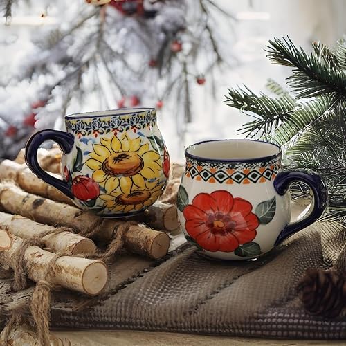 Miniatura 2 de ALMA Taza de café pintada a mano de 12 onzas, para microondas, taza de cerámica con girasol para los amantes del café y el té (girasol, mediana)