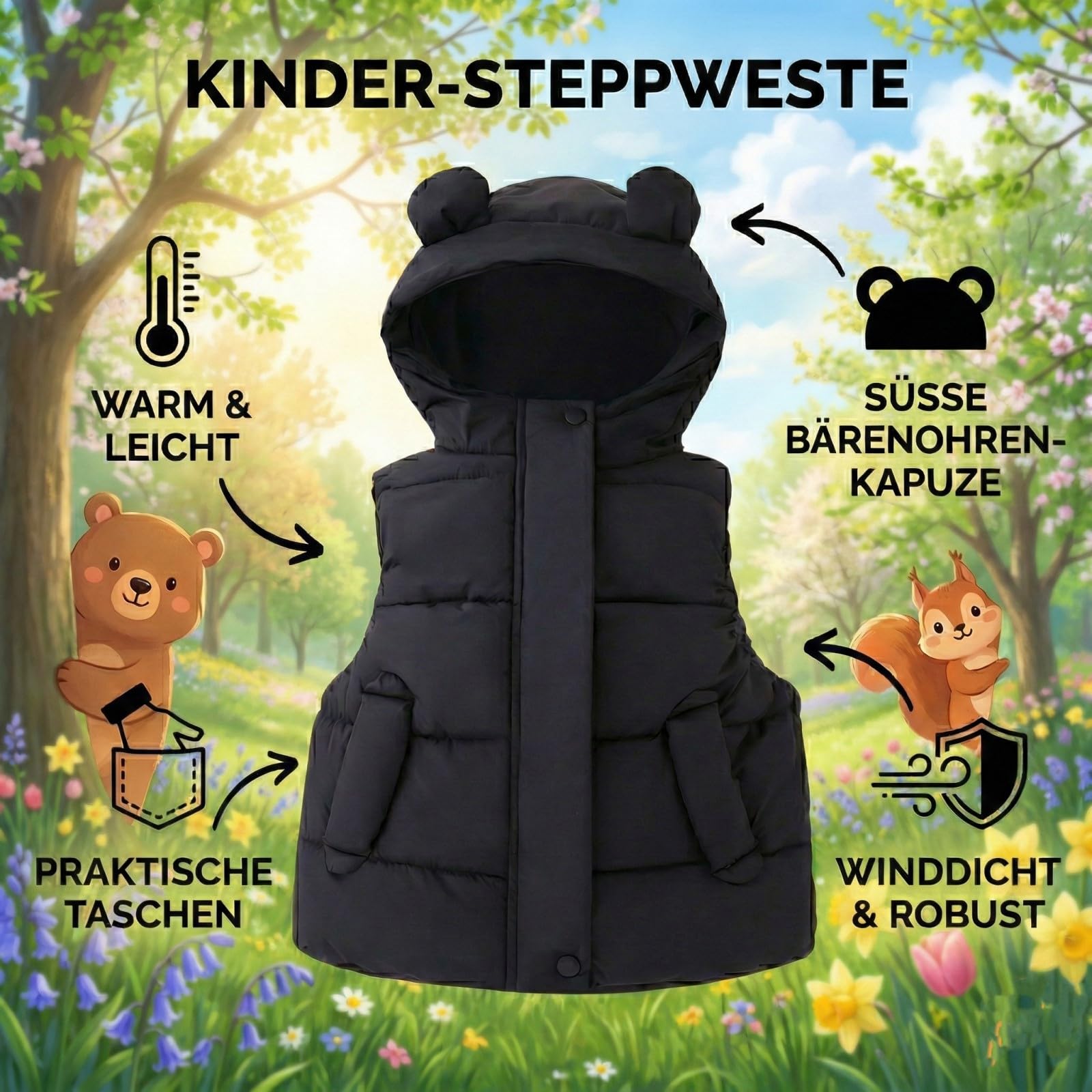JiAmy Gilet Imbottito per Bambini, Cappotto Senza Manica con 2 Tasche e Cappuccio Abbigliamento Leggero Minimalista per 1-5 Anni