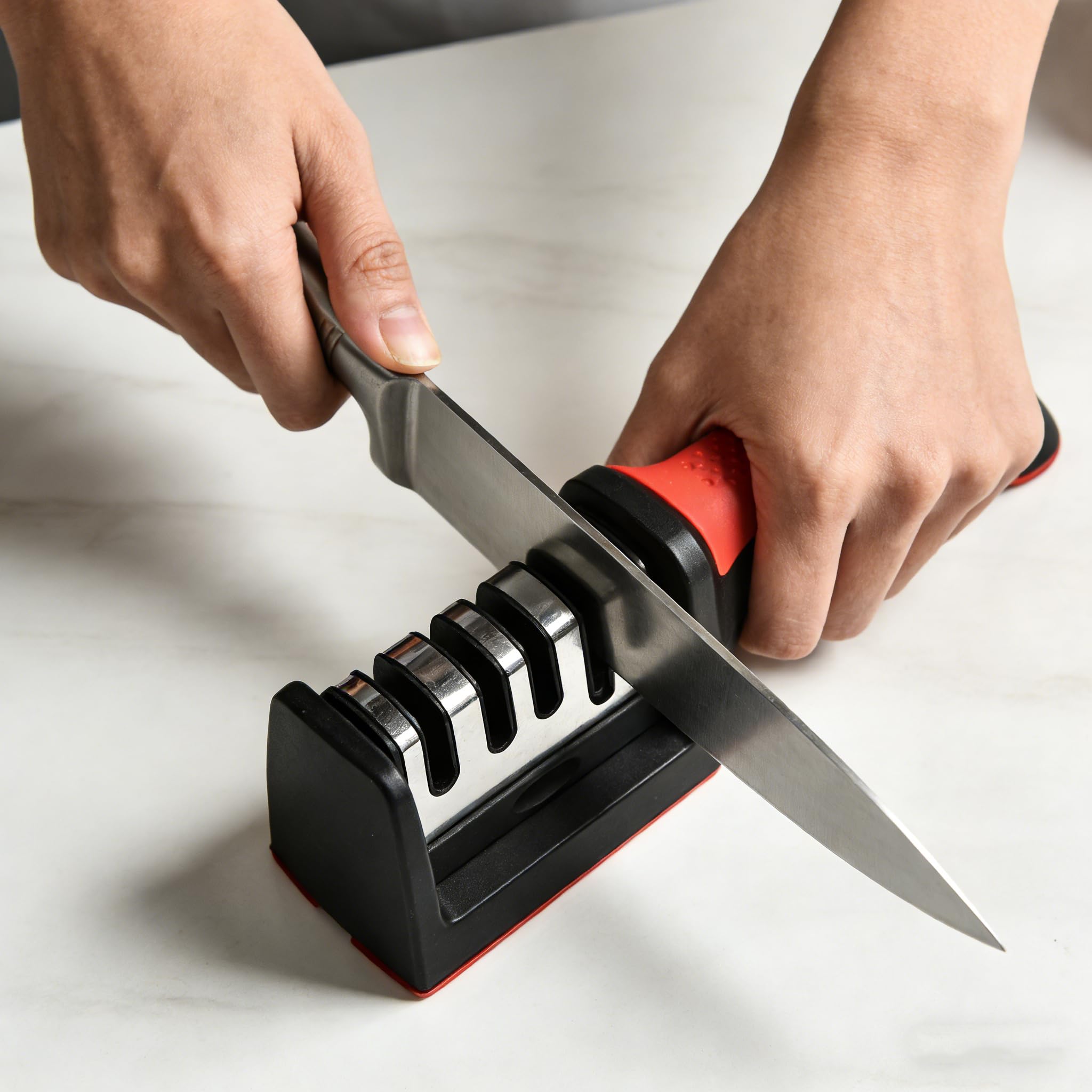 4-in-1 Kitchen Knife Sharpener Stainless Steel Manual Sharpener with 4 Sharpening Stages Fine Coarse Medium Scissors Non-Slip Handle