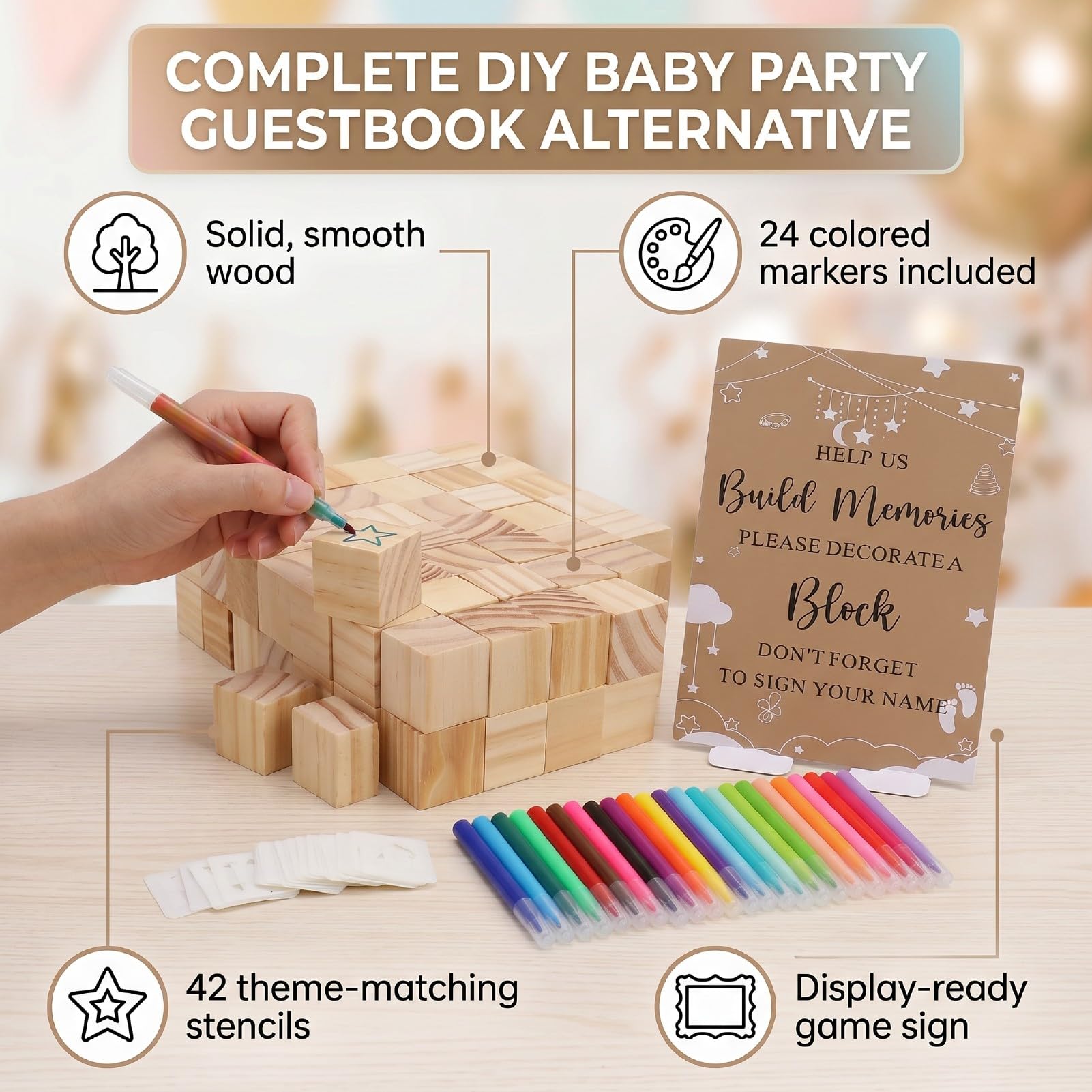 Karlak 147 Pezzi Set di Giochi di Blocchi Fai-da-te per Feste per Bambini Attività Costruzione Divertente e Creativa Docce Bambini Blocchi Legno Kit Artigianale 80 42 Stencil