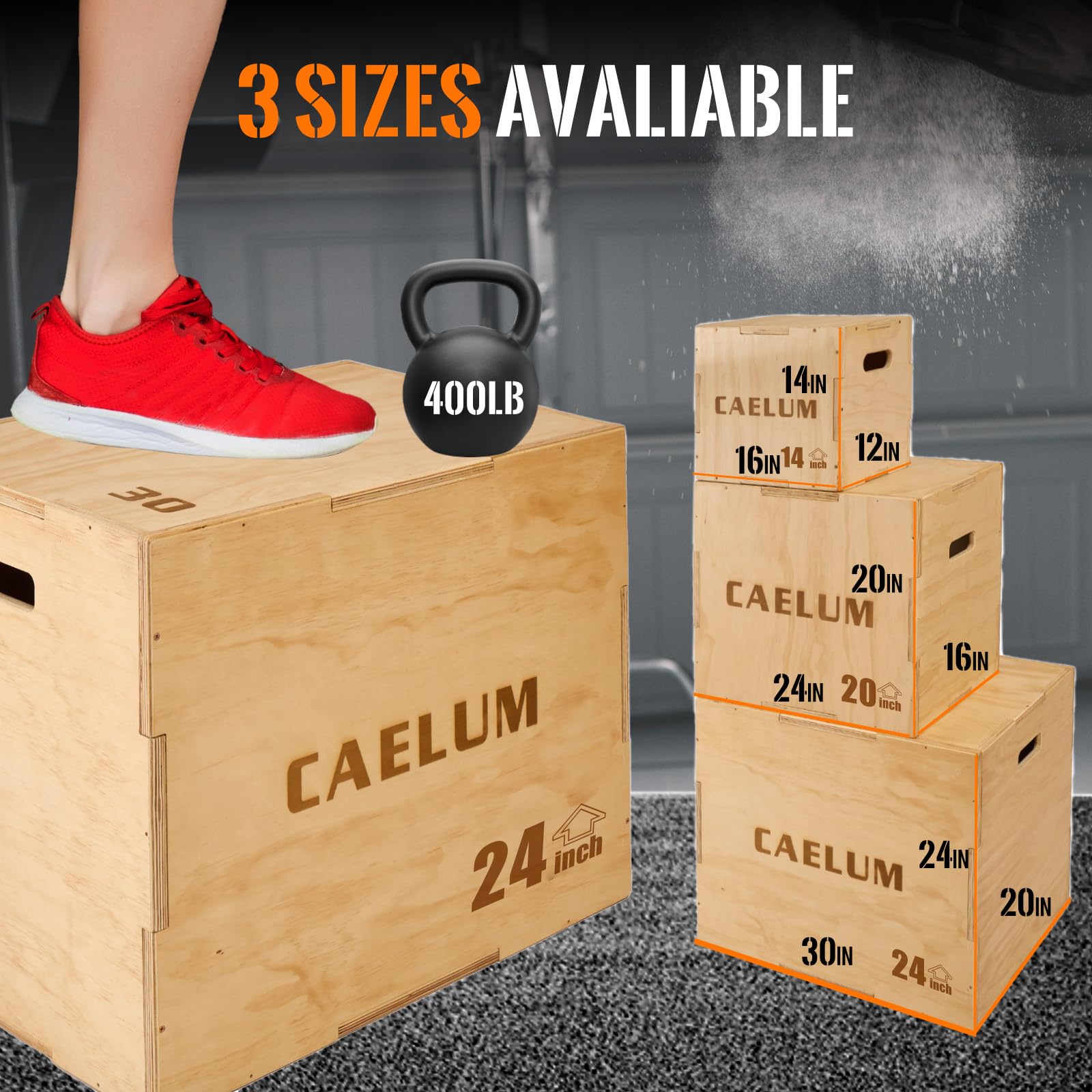 CAELUM Caja pliométrica de madera 3 en 1 – Caja de salto pliométrica antideslizante para el hogar y el gimnasio, caja de lanzamiento de fitness con rodamientos de 400 libras para saltar, sentadillas