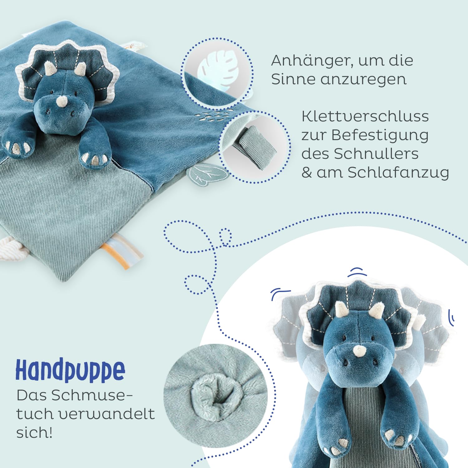 Noukie's - Schmusetuch für Kinder - Schmusetuch aus Veloudoux - Ops, der Triceratops - Viele Funktionen - Blau - 1 Stück