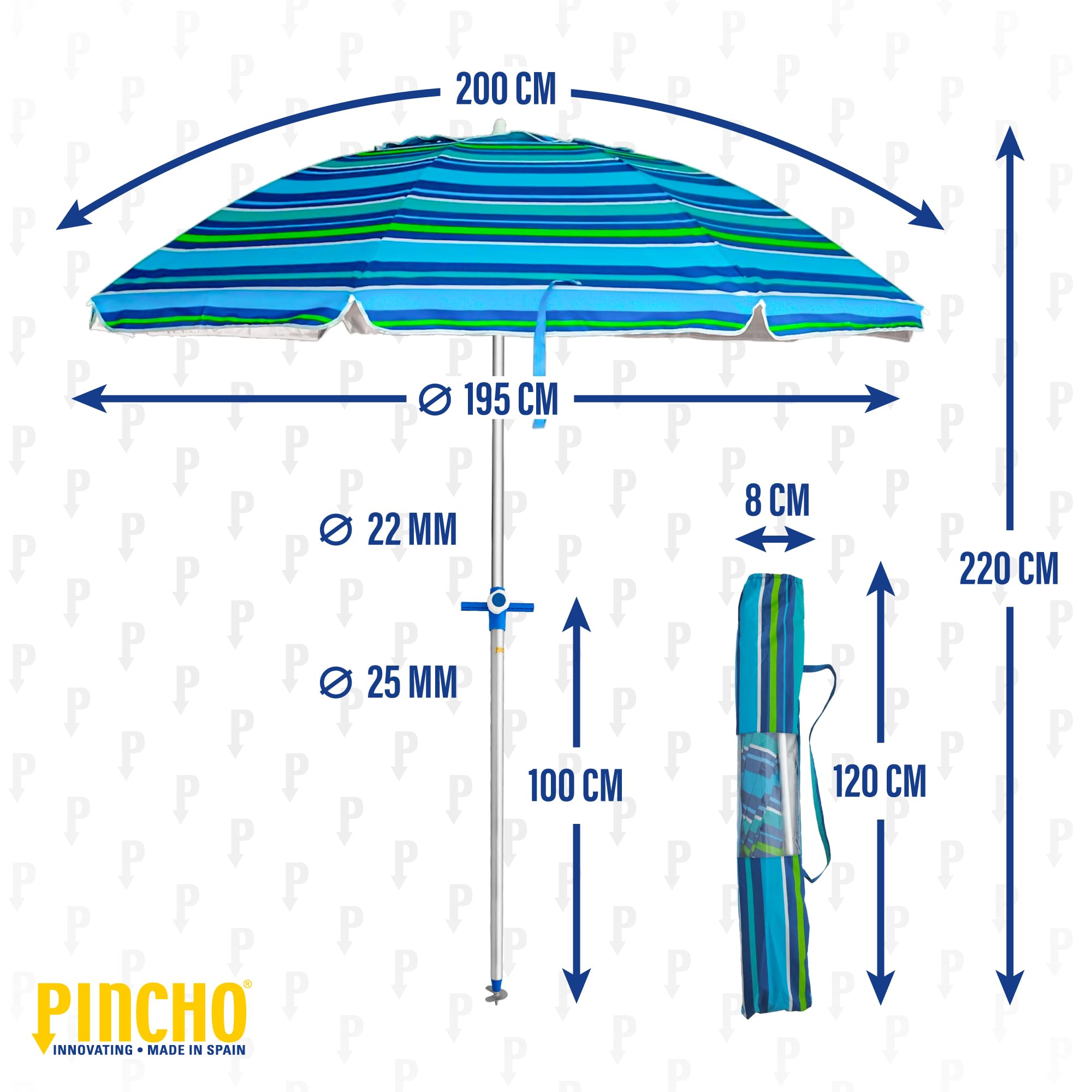 Pincho Duży parasol plażowy Ø200 cm, ochrona przed wiatrem, ochrona UV 50, wysokiej jakości materiały, rura aluminiowa, pręty z włókna szklanego, drążek rozkładany