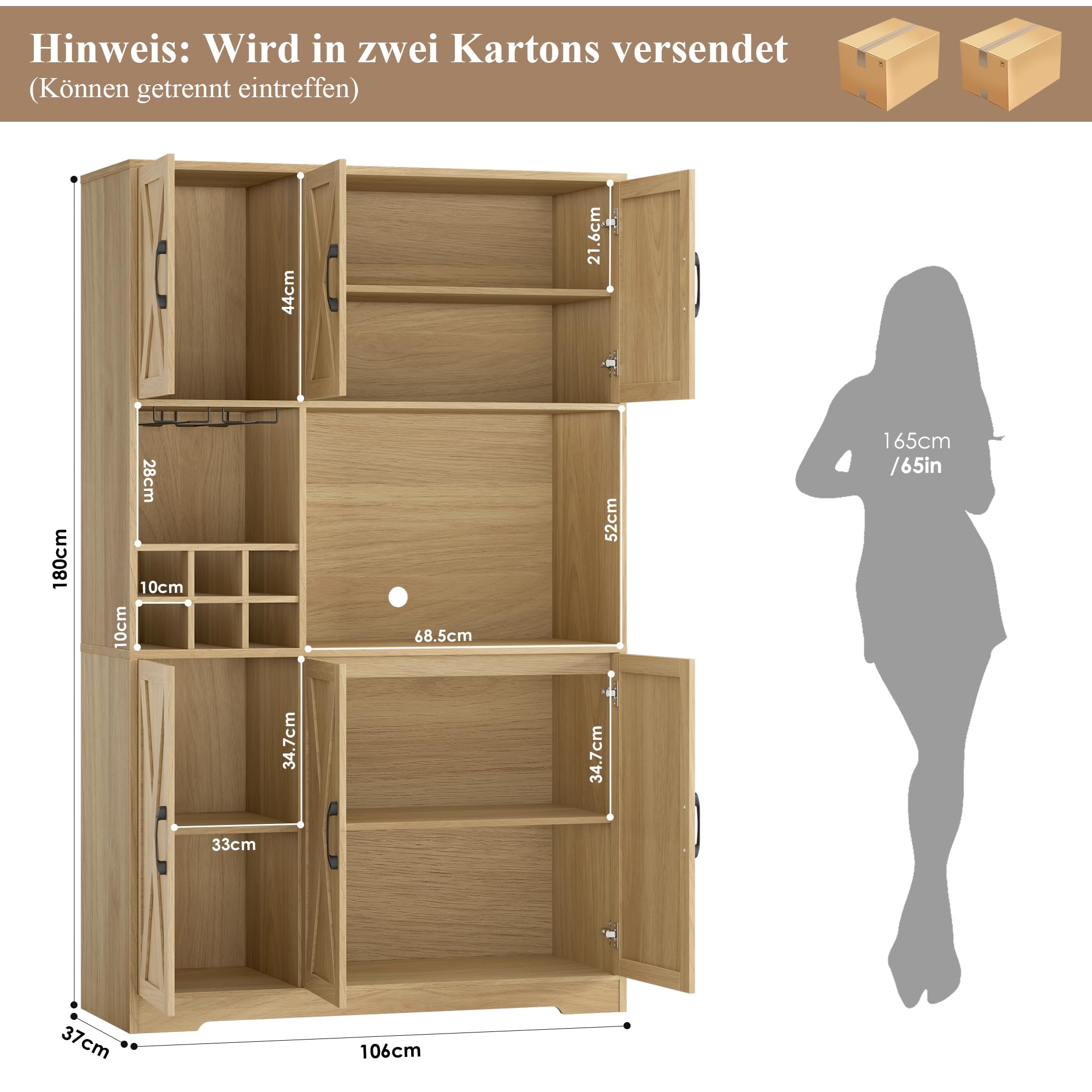 HOCSOK Credenza Cucina, Alta Dispensa Cucina con 6 Armadietti, Rimovibile Portabottiglie da parete con porta calici, Microonde con Ripiani Aperti, mobile soggiorno, Bianco (Marrone)