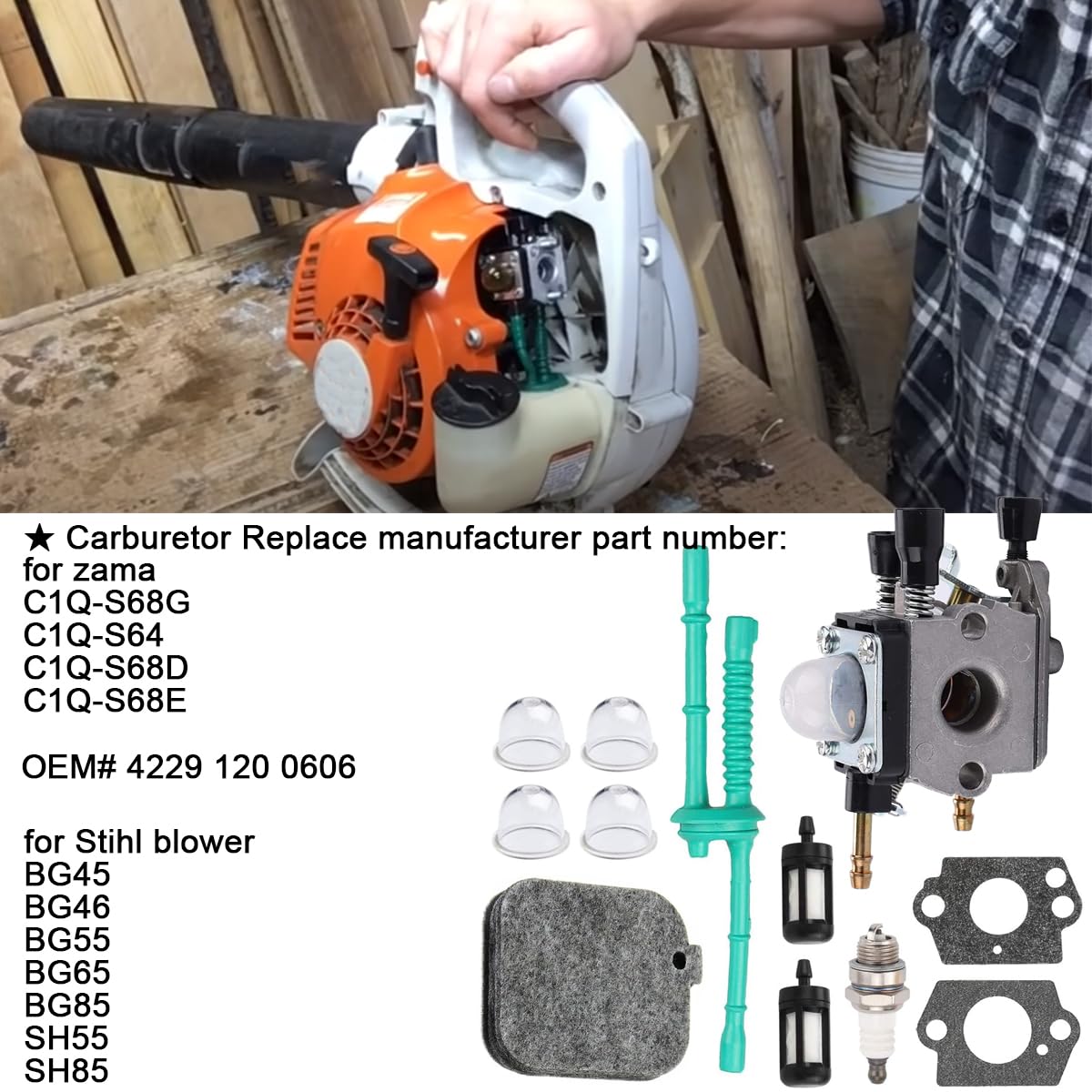 ZAMDOE C1Q-S68G Kit di Messa a Punto del carburatore per Stihl soffiatore per Foglie BG45 BG46 BG55 BG65 BG85 SH55 SH85, con Guarnizione del Filtro del Carburante, sostituisce # 4229 120 0606 C1Q-S68