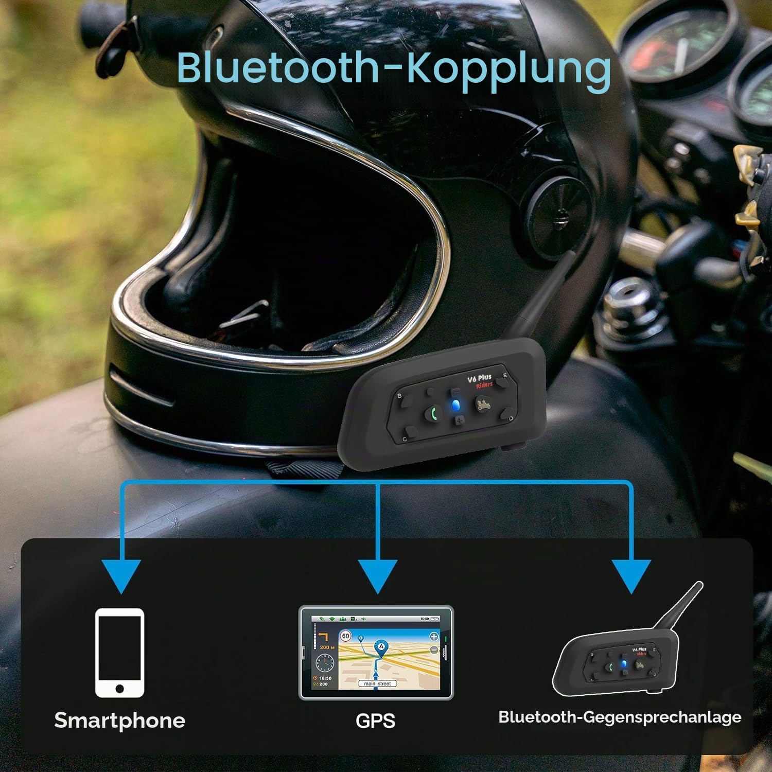 QSPORTPEAK V6 Plus Motorrad Intercom Bluetooth Headsets, 1200M bis zu 6 Fahrer Motorradhelm Interphone Gegensprechanlage Kommunikationssysteme, GPS, Freisprechen, Bluetooth 5.1, 2 Stück