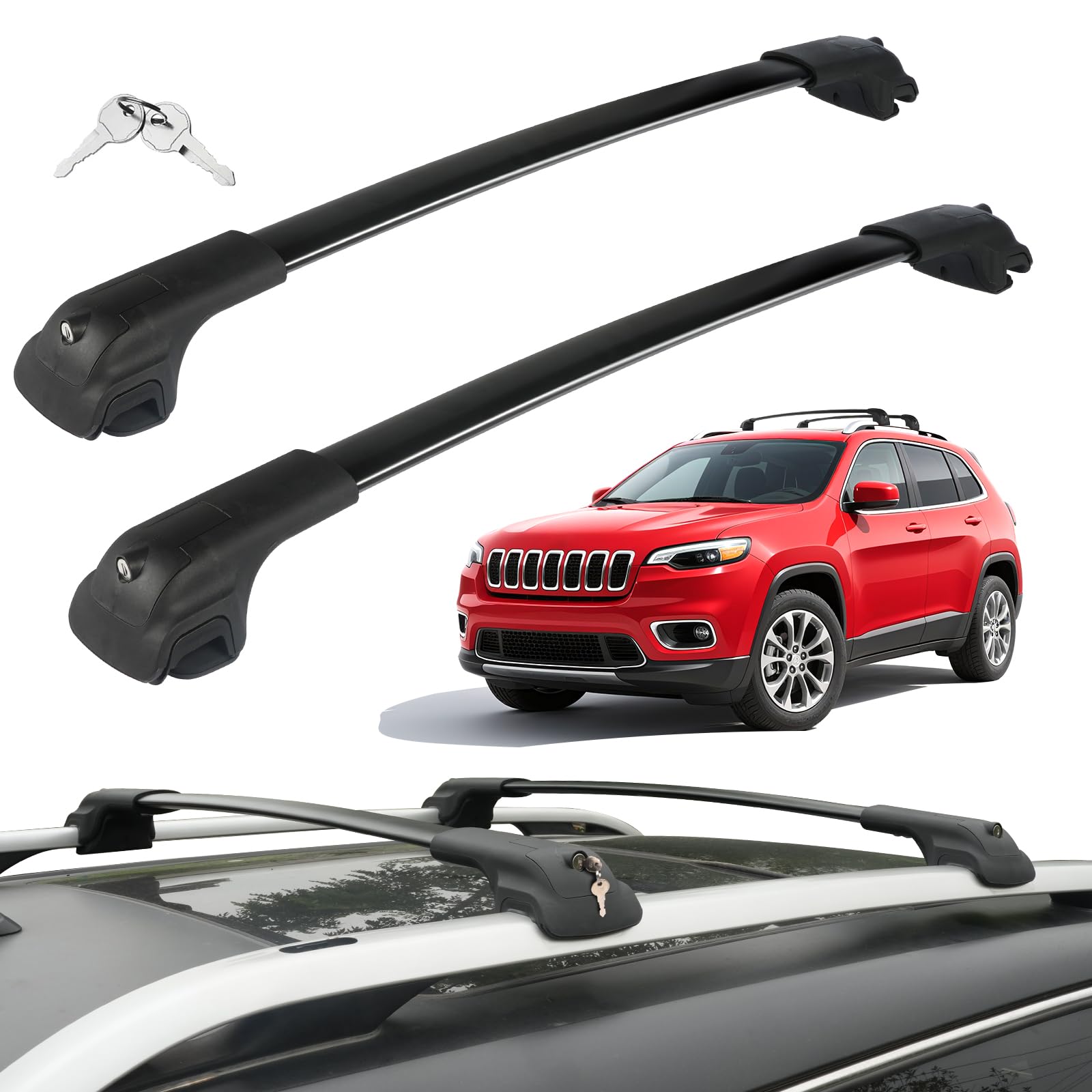 Roof Rack Cross Bars Compatible with Jeep Cherokee 2014-2023 Heavy-Duty Aluminum Crossbars Roof Rails Rooftop Cargo Basket Carrier Bag Luggage Canoe Kayak Bike