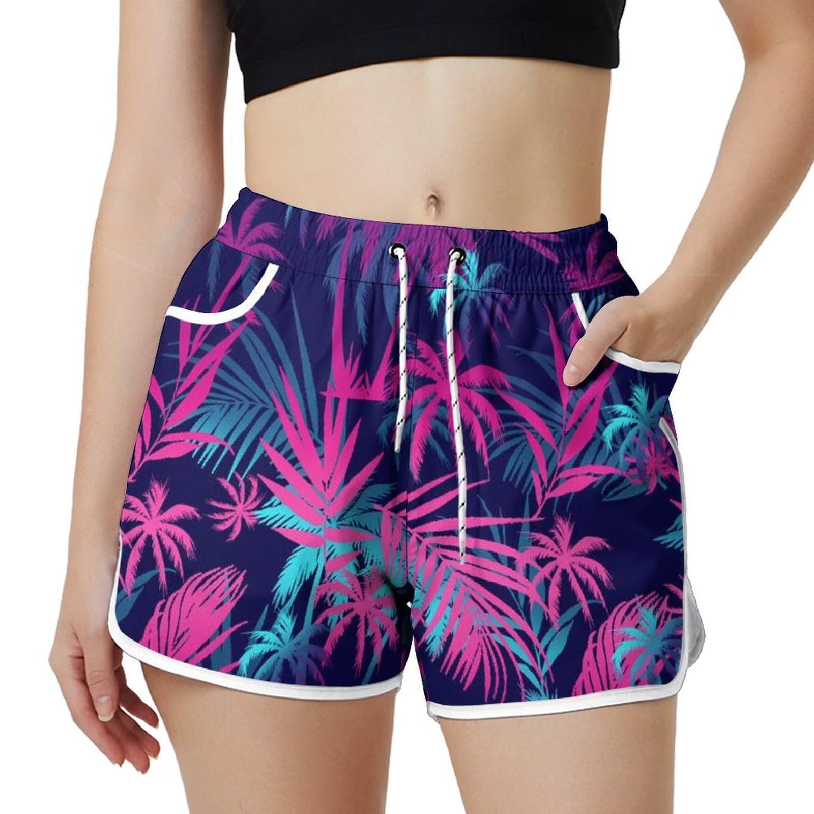 AYUNIX Women's Running Shorts with Pockets Quick Dry Performance Shorts for Women Hawaii Beach Trees Athletic Workout Shorts White