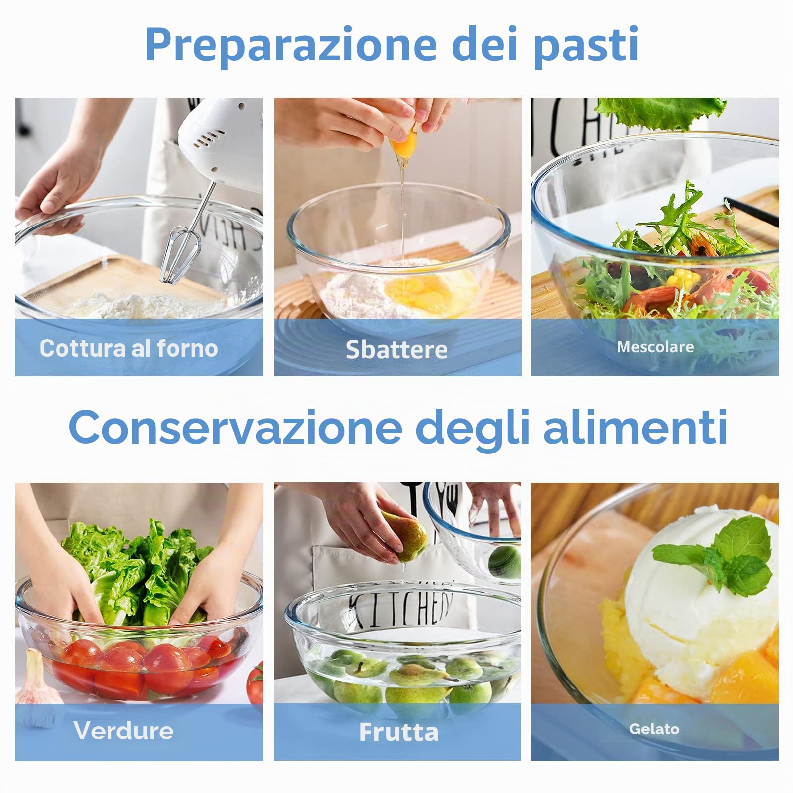 WhiteRhino Set di 4 ciotole in vetro con coperchi, resistenti al calore (3,5L, 2L, 1L, 0,5L), insalatiere trasparenti con coperchi senza BAP per cucina, forno a microonde e lavastoviglie
