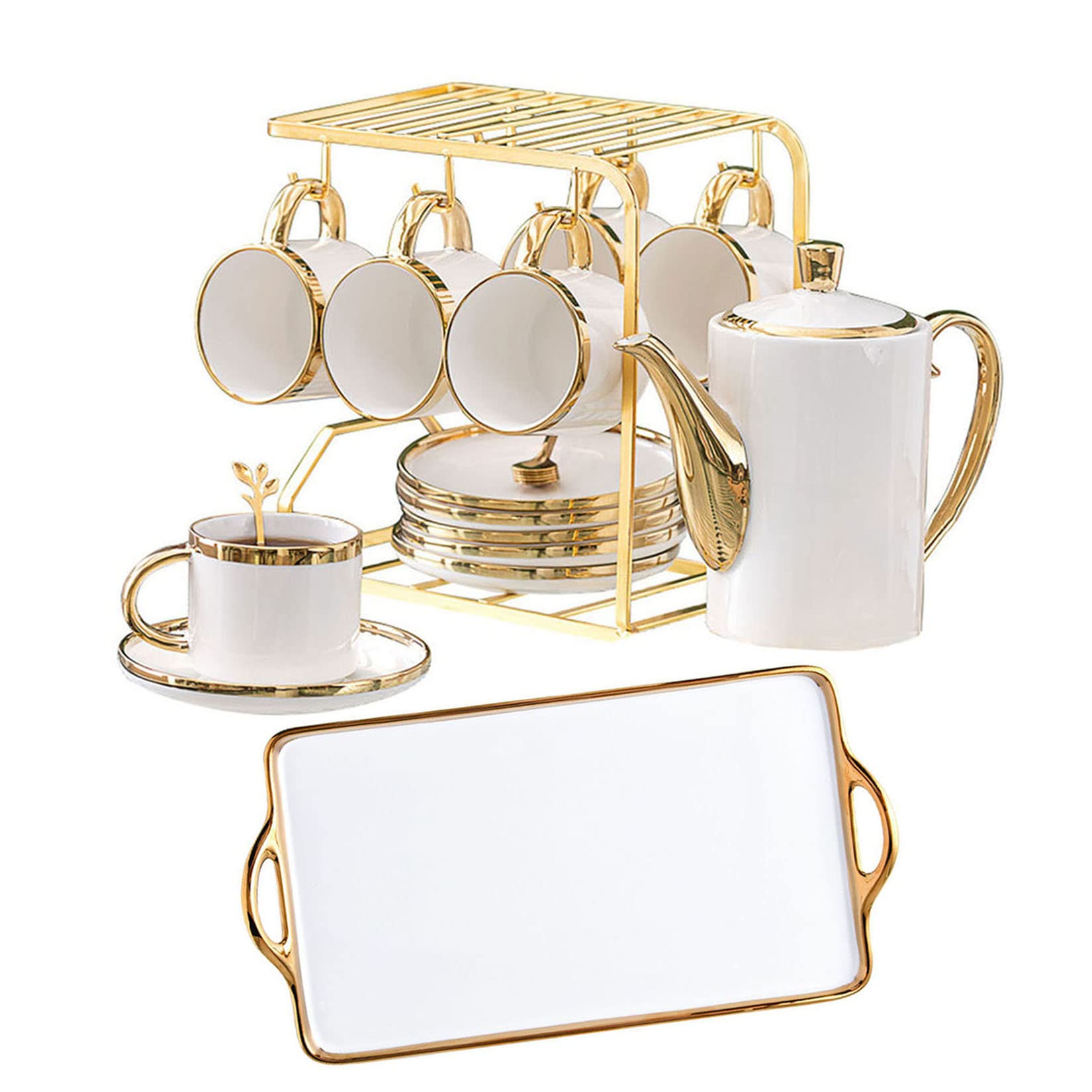 Juego de taza de café y platillo de cerámica europea con soporte de metal de 8 onzas y platillo para 6, ideal para regalos de oficina en casa o boda.
