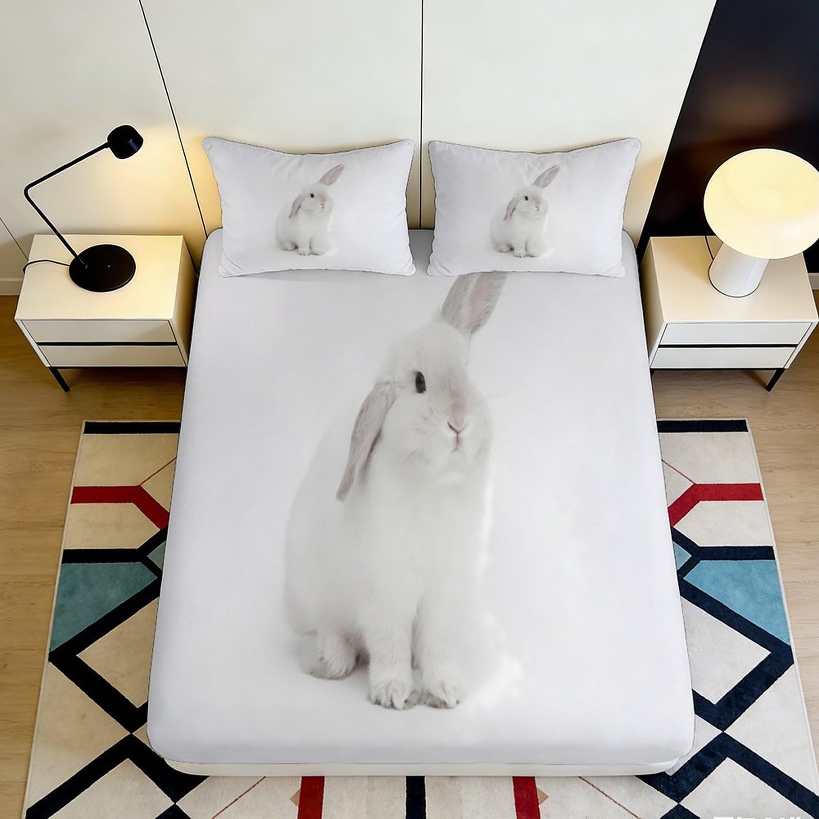 3D Printed Bunny Fitted Sheet Microfiber Deep Pocket Rabbit Mattress Fitted Cover Non-Slip for Bedroom for Adults Youth 200x200x25cm
