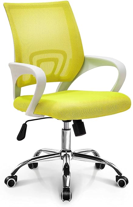Bhumika Overseas Low Back Royal Ergonomic White Body Computer Office Study Desk Executive Mesh Fabric Chair with Wheels in Yellow Color